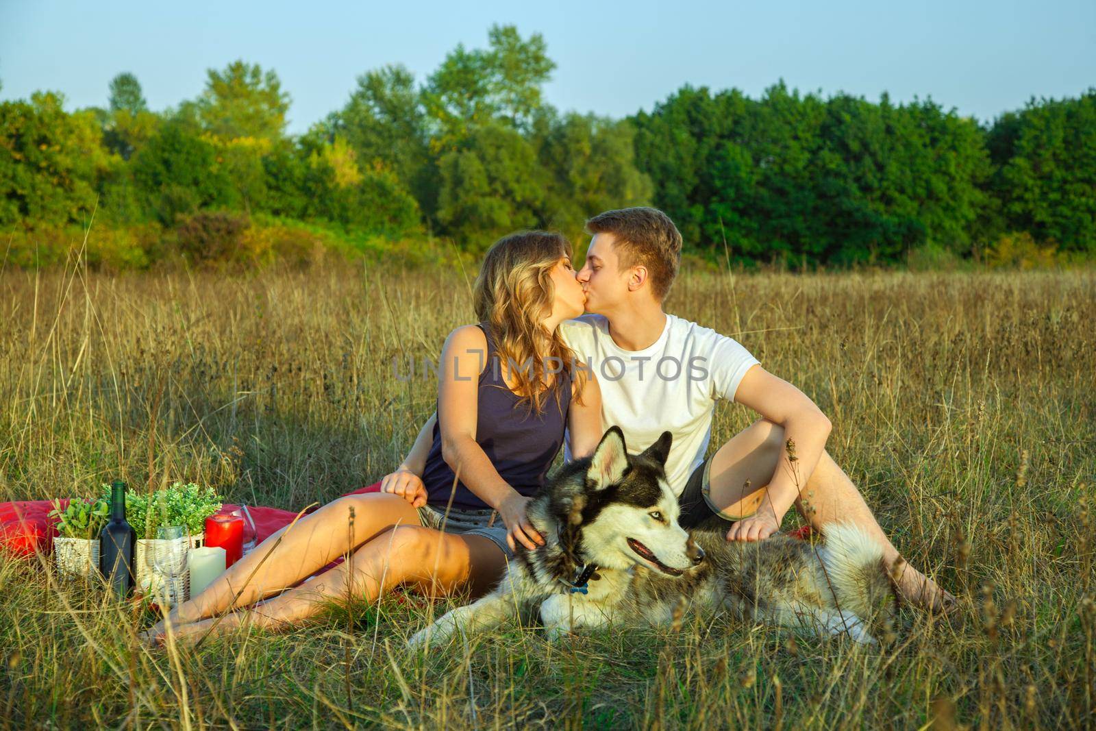Beautiful young happy loving couple on picnic lying down on plaid with their dog in field on sunny summer day enjoying and resting. kissing and have fun.