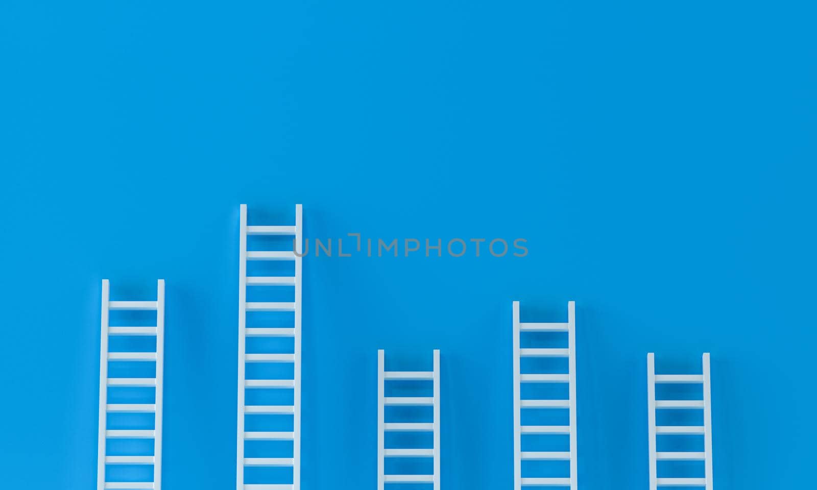 Ladder white random collection with one overhanging on blue wall studio background. leadership, success concept with copy spaces for text. 3d rendering.