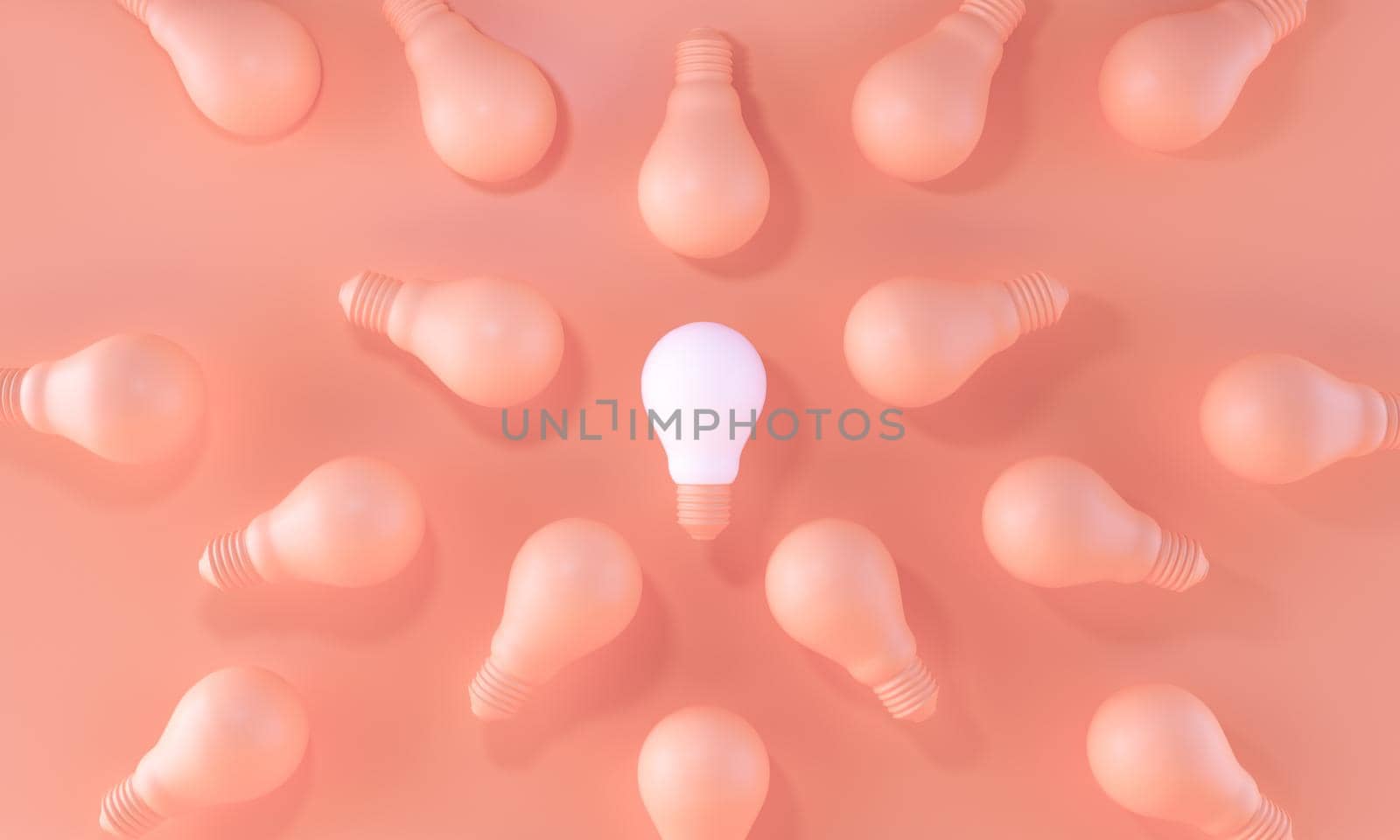 Glowing Light Bulb white between the others on pastel orange background. Leadership, innovation and individuality concepts. 3d rendering.