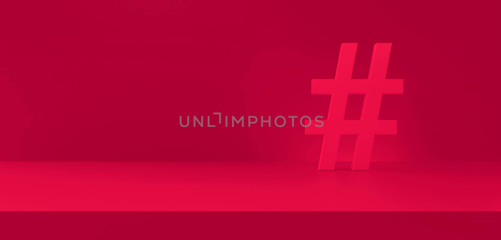 Hashtag symbol red in photography studio background panoramic. Trending topics, trends, digital marketing. 3d rendering.