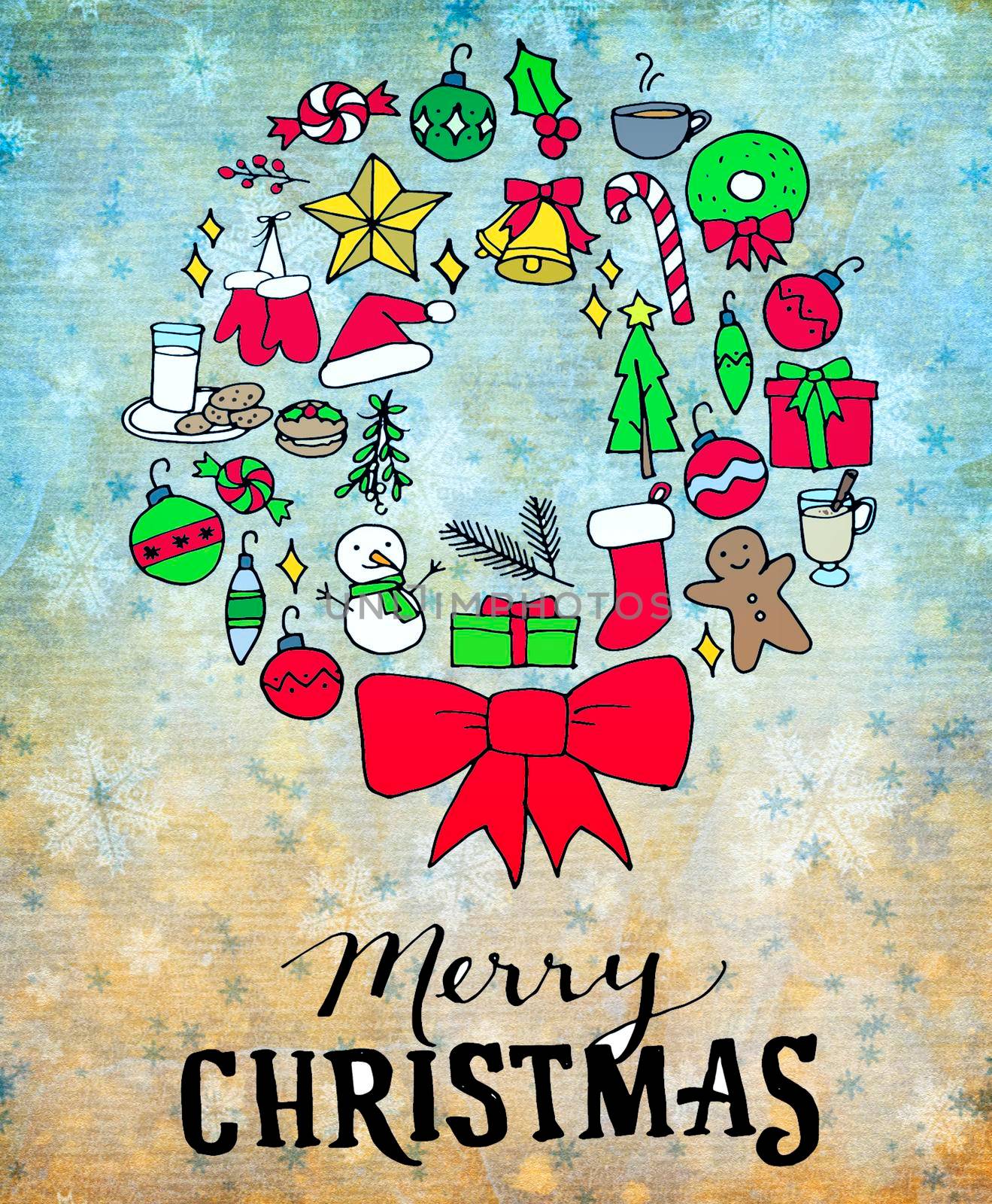 Christmas and new year card with the image of Santa Claus and Christmas decorations on a red background.