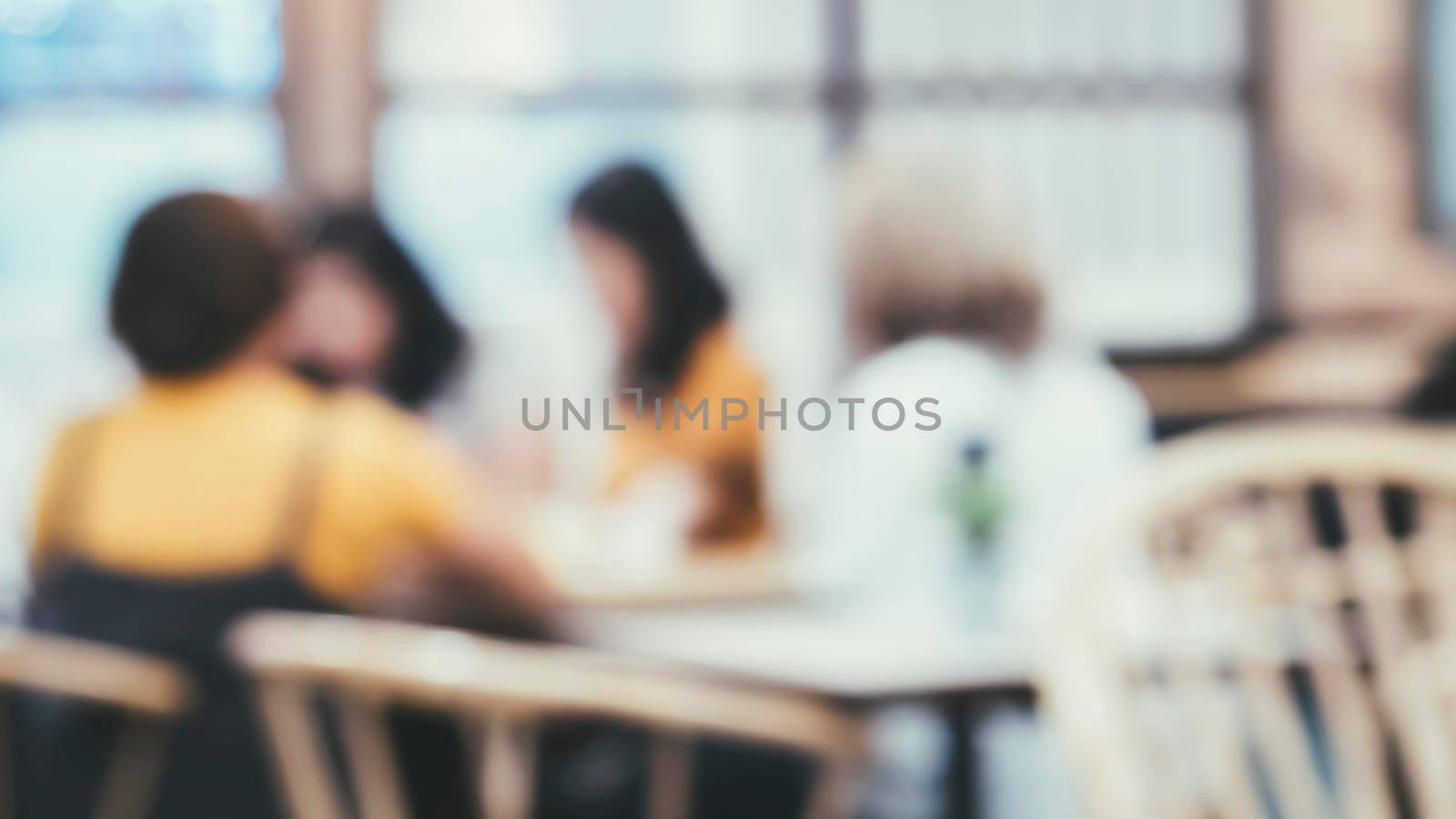 Blurred cafe interior. Abstract defocused background .cafe ( restaurant ) with light bright tone For modern lifestyle background. Business article background by Petrichor