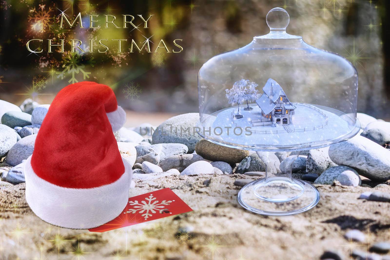 On the beach by the sea Christmas holiday: Santa's hat with congratulations and a Winter House in the forest in a glass vessel.