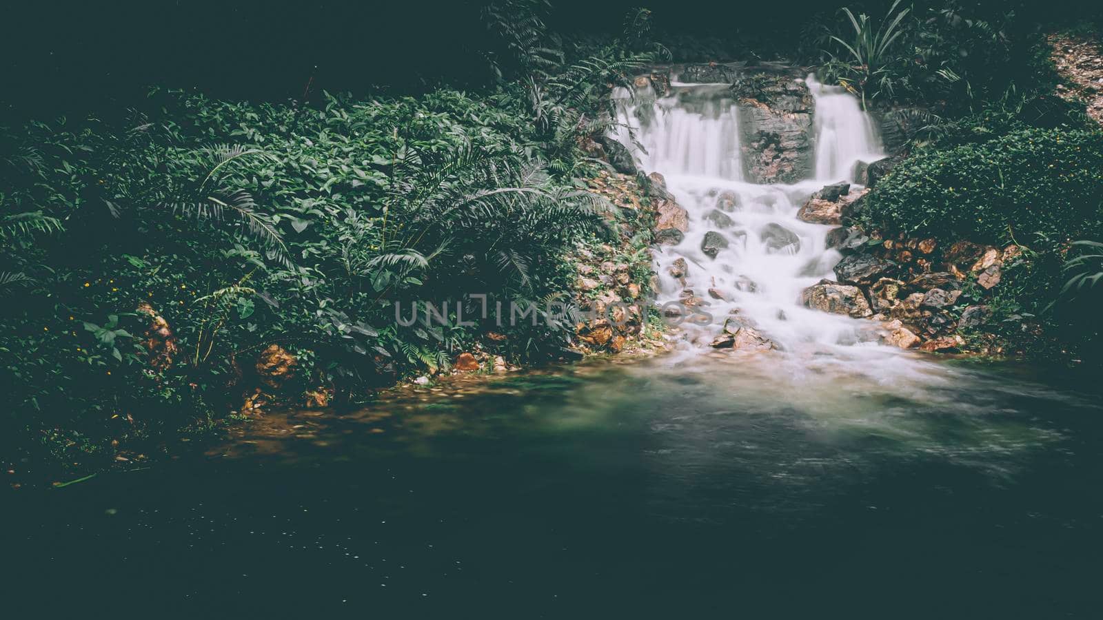 Morning mist rises over Falls surrounded by a vibrant green nature landscape.