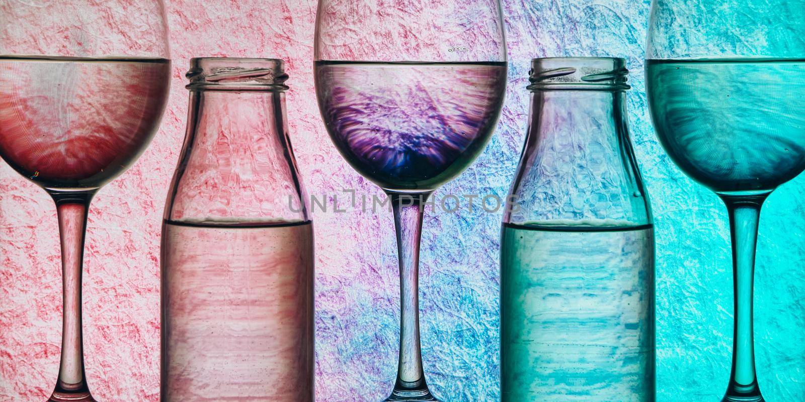wine glasses and bottles in a row with colorful light painting behind, Set of wine glasses with red, white and rose wine, banner by anna_stasiia