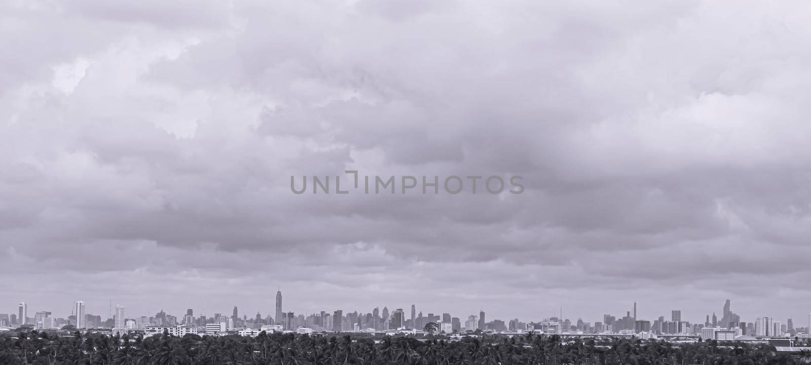 panoramic landscapes with green forest area or bufffer zone and Modern City Skyline.