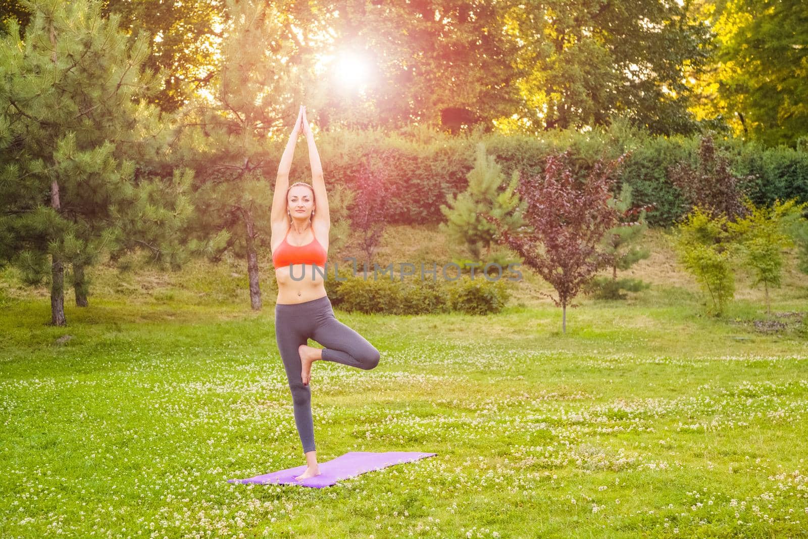 Cheerful young beautiful woman practicing and posing yoga in the park. tree pose.
