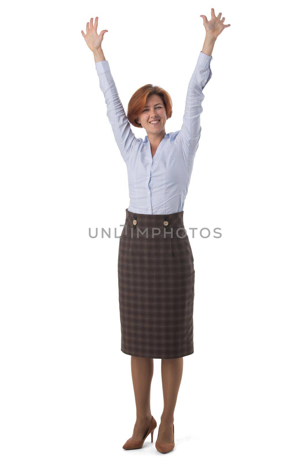 Full length portrait of happy business woman with arms raised isolated on white background