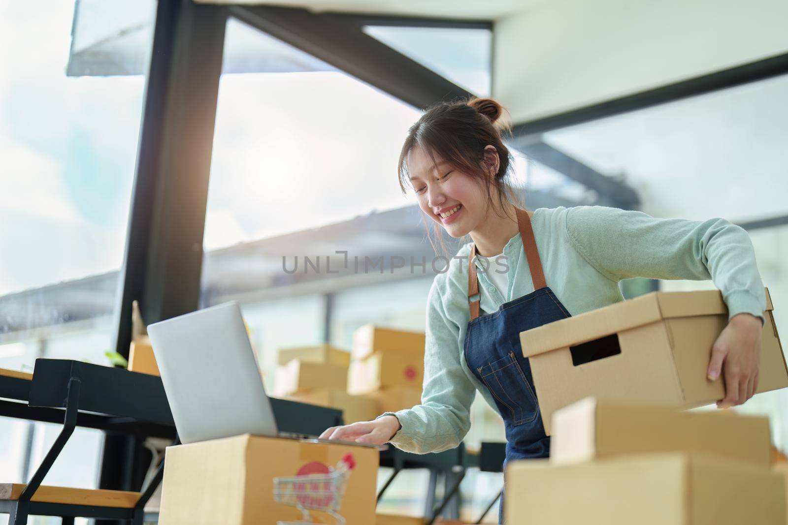 A portrait of a small startup, an SME owner, an Asian female entrepreneur checking orders to arrange the produce before packing the products in the inner boxes with the customers. Freelance concepts by Manastrong