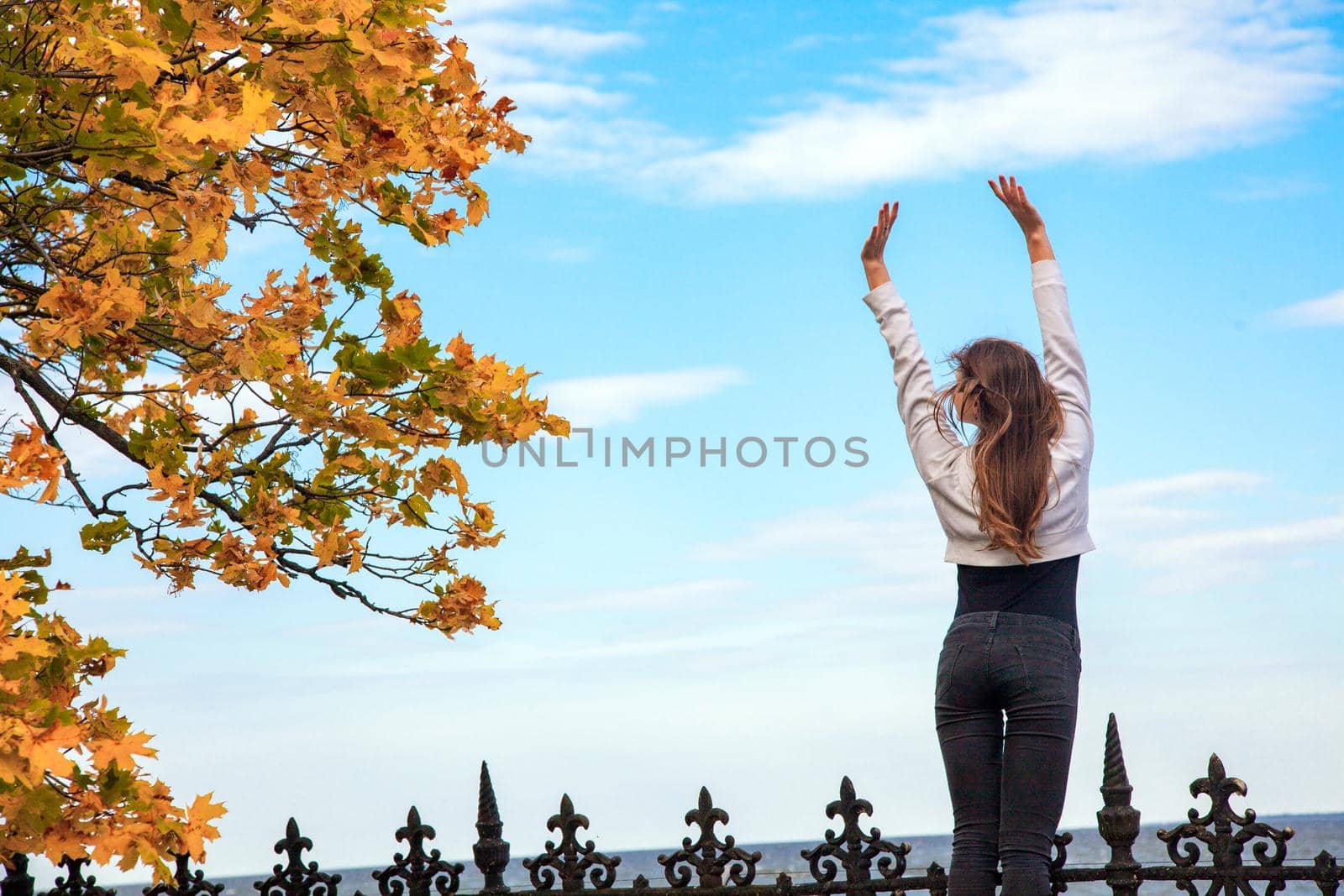 Close up spine carefree wooman. Looking at the sky and feeling freedom. Outdoor, autumn
