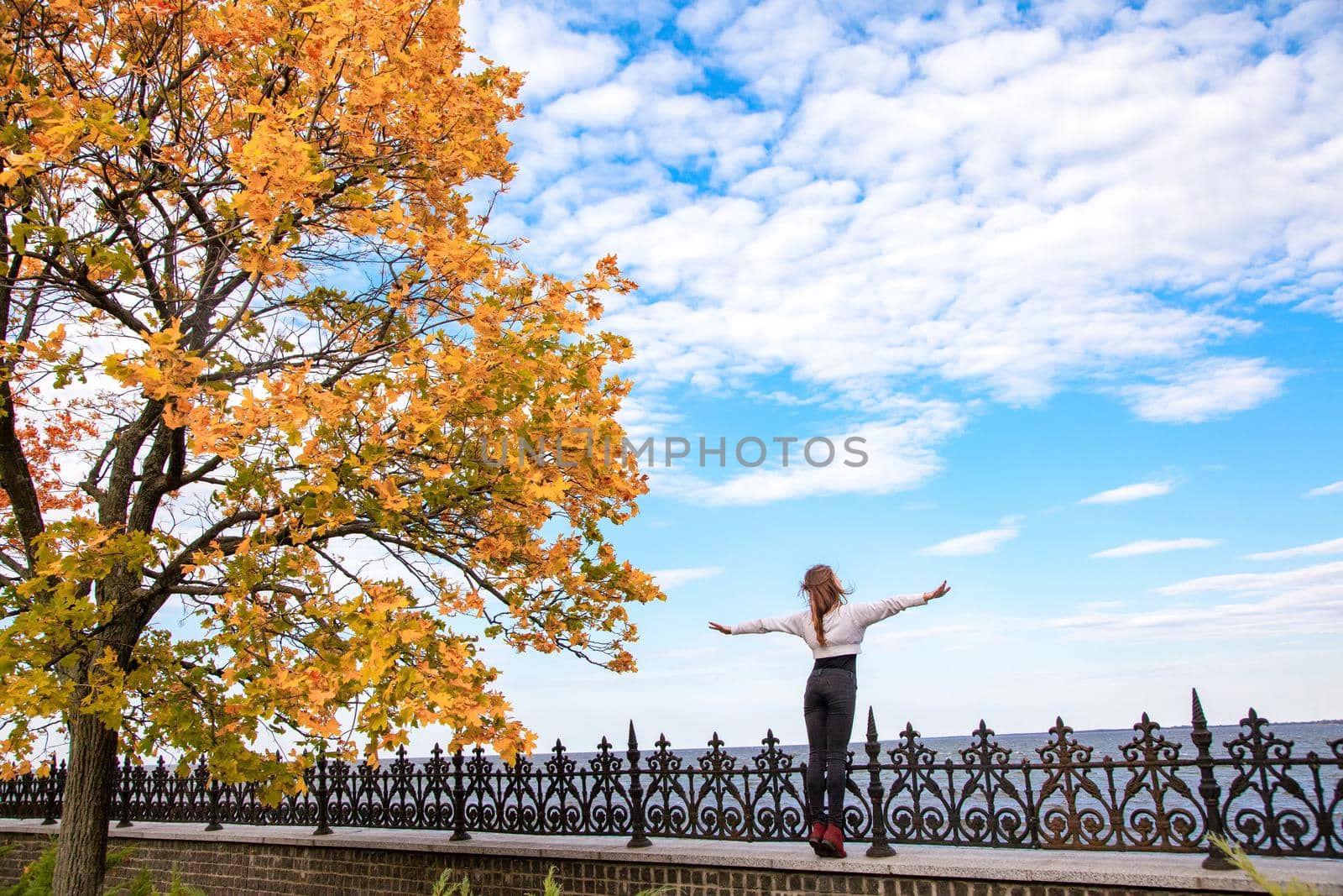 Beautiful autumn. Back side care free young adult wooman. Looking away and feeling freedom. Outdoor