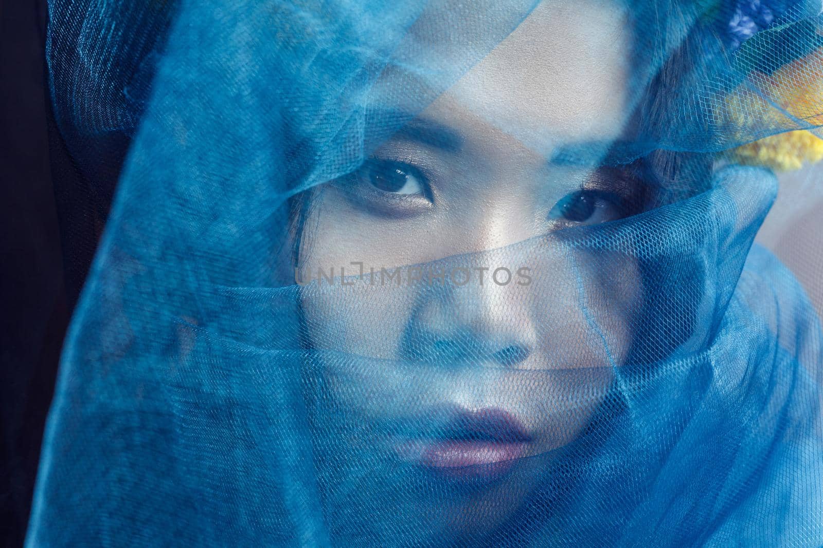 portrait of sensual gorgeous asian woman looking at camera through blue veil on face by Khosro1