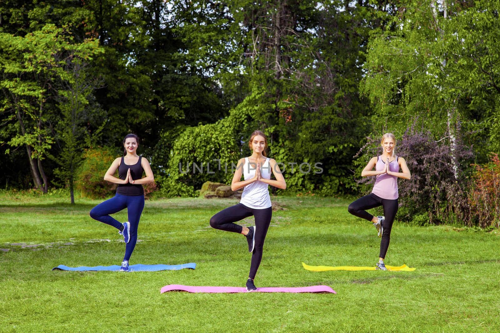 Groupe of beautiful healthy slimy woman doing exersices on the green grass in the park, standing in harmony and belt legs, meditating. Outdoor, morning sport lifestyle, yoga time, wellness and care.