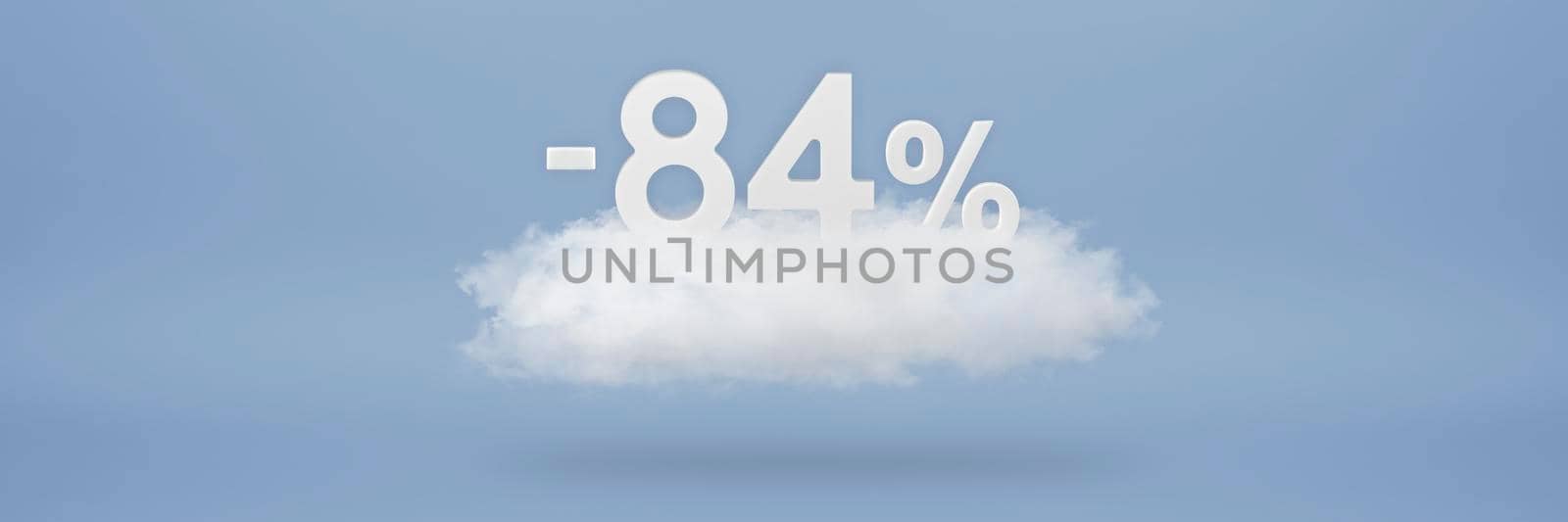 Discount 84 percent. Big discounts, sale up to eighty four percent. 3D numbers float on a cloud on a blue background. Copy space. Advertising banner and poster to be inserted into the project by SERSOL