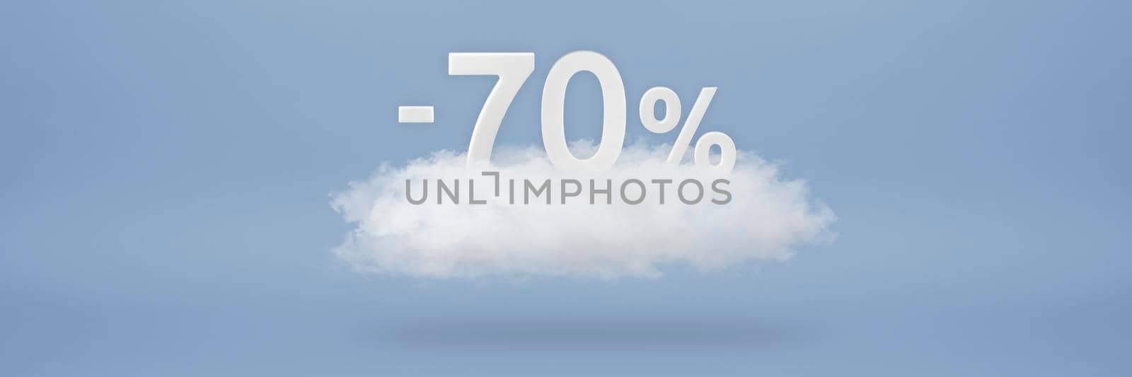Discount 70 percent. Big discounts, sale up to seventy percent. 3D numbers float on a cloud on a blue background. Copy space. Advertising banner and poster to be inserted into the project.