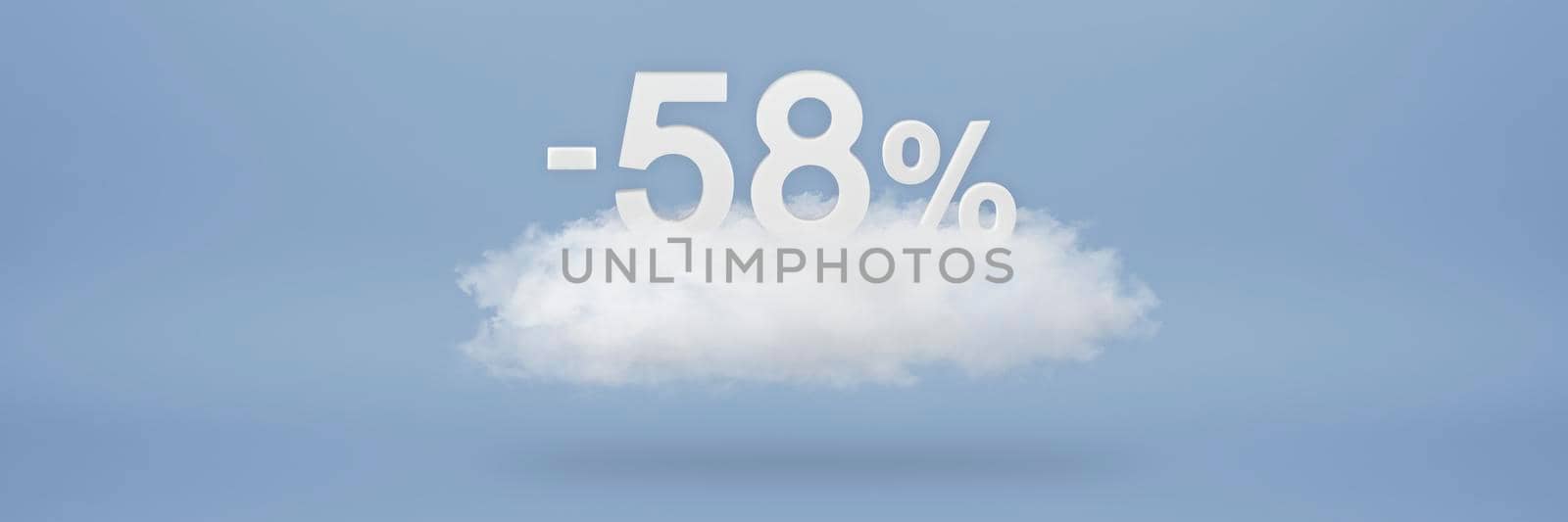 Discount 58 percent. Big discounts, sale up to fifty eight percent. 3D numbers float on a cloud on a blue background. Copy space. Advertising banner and poster to be inserted into the project by SERSOL