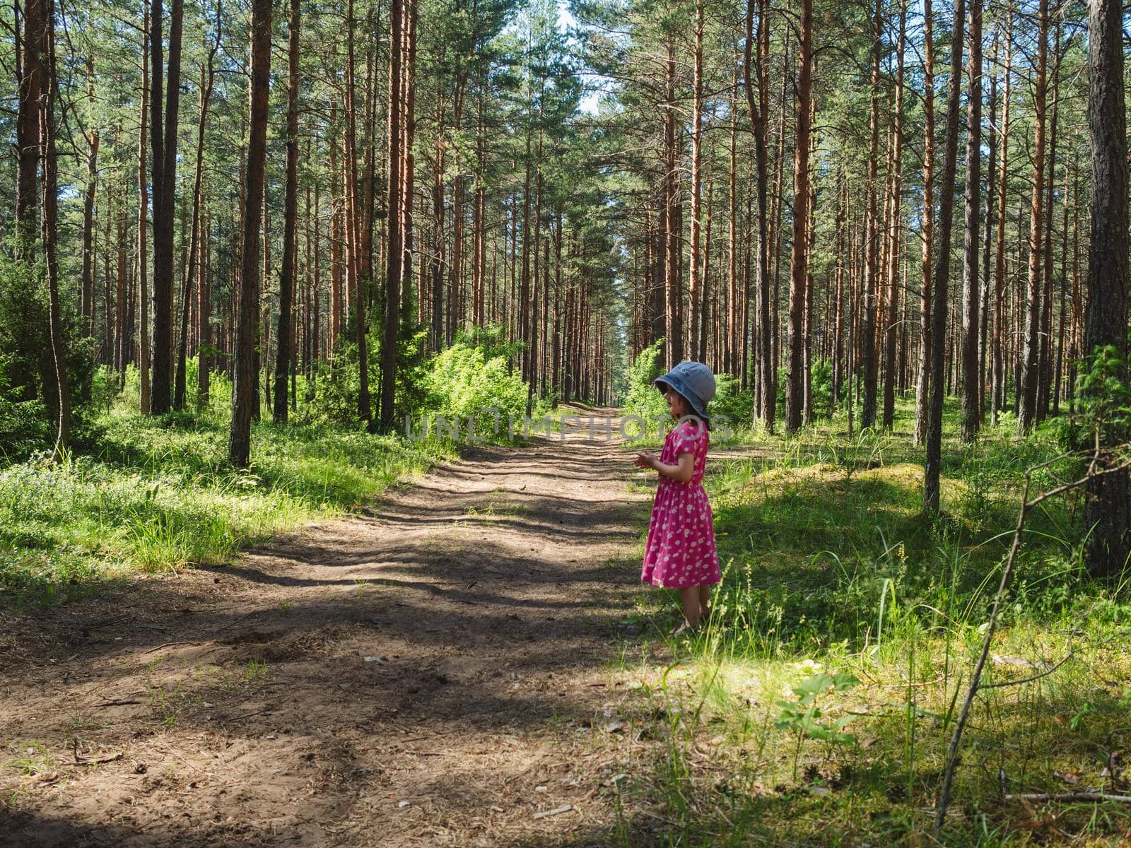 Small girl in a pink dress walking in a forest by Varaksina