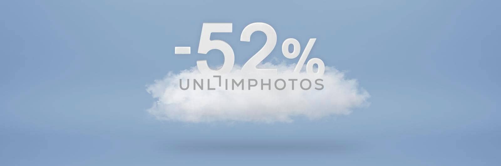 Discount 52 percent. Big discounts, sale up to fifty two percent. 3D numbers float on a cloud on a blue background. Copy space. Advertising banner and poster to be inserted into the project by SERSOL