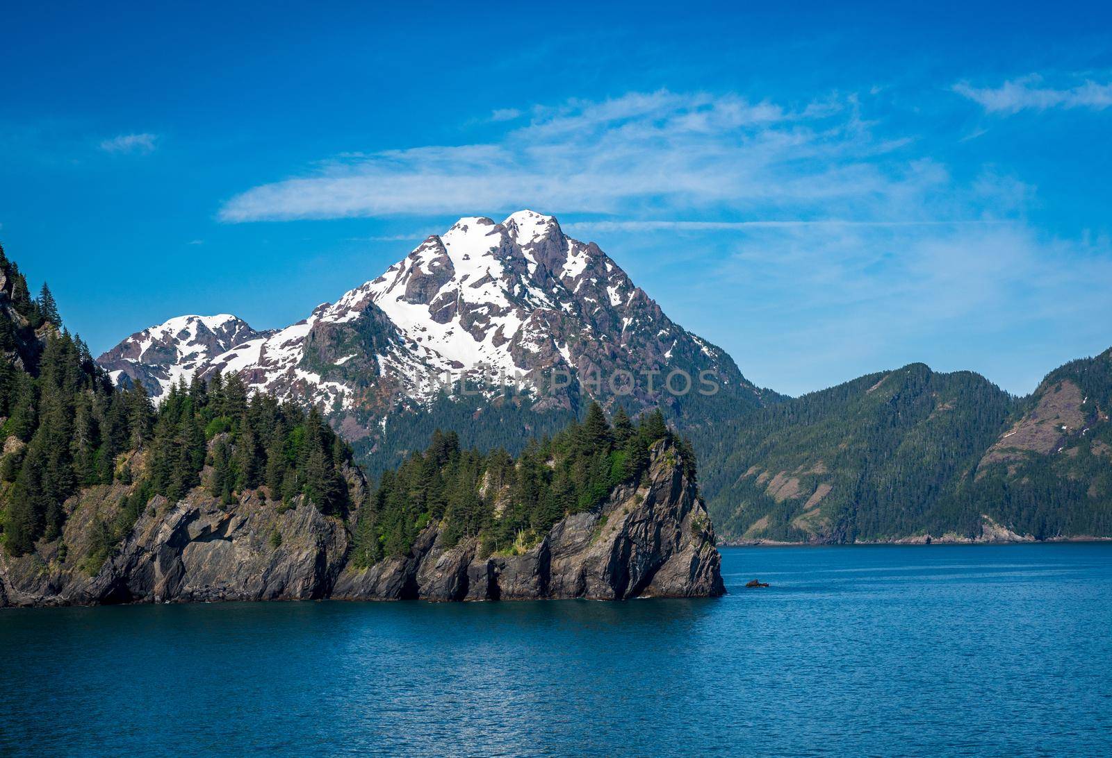 Dramatic rocky outcrops in Resurrection Bay near the port of Seward in Alaska