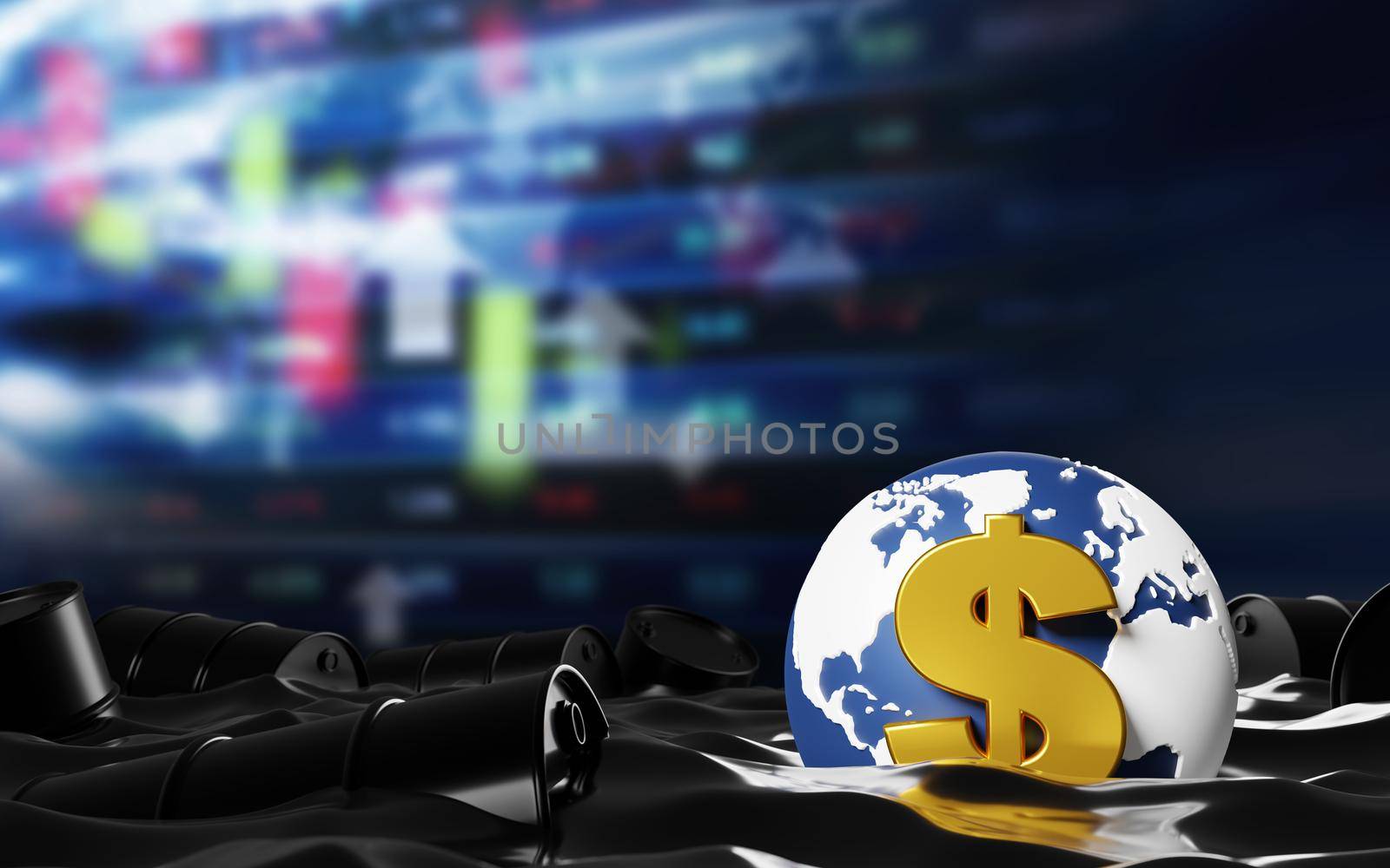 Crude oil price concept design of world and dollar sign with oil barrels 3D render by Myimagine