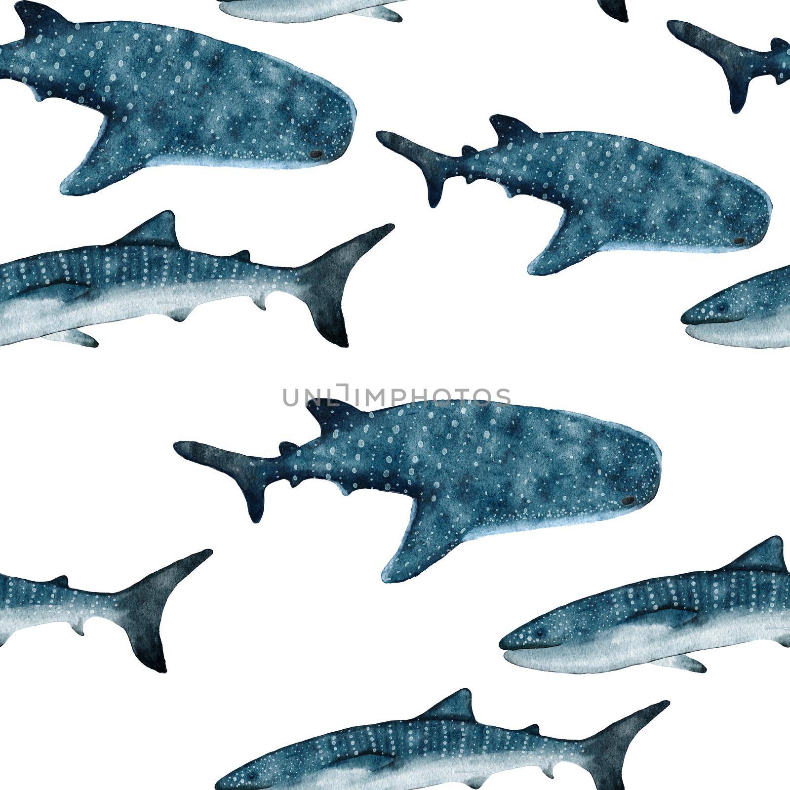 Hand drawn watercolor seamless pattern with whale shark. Sea ocean marine animal, nautical underwater endangered mammal species. Blue gray illustration for fabric nursery decor, under the sea prints. by Lagmar