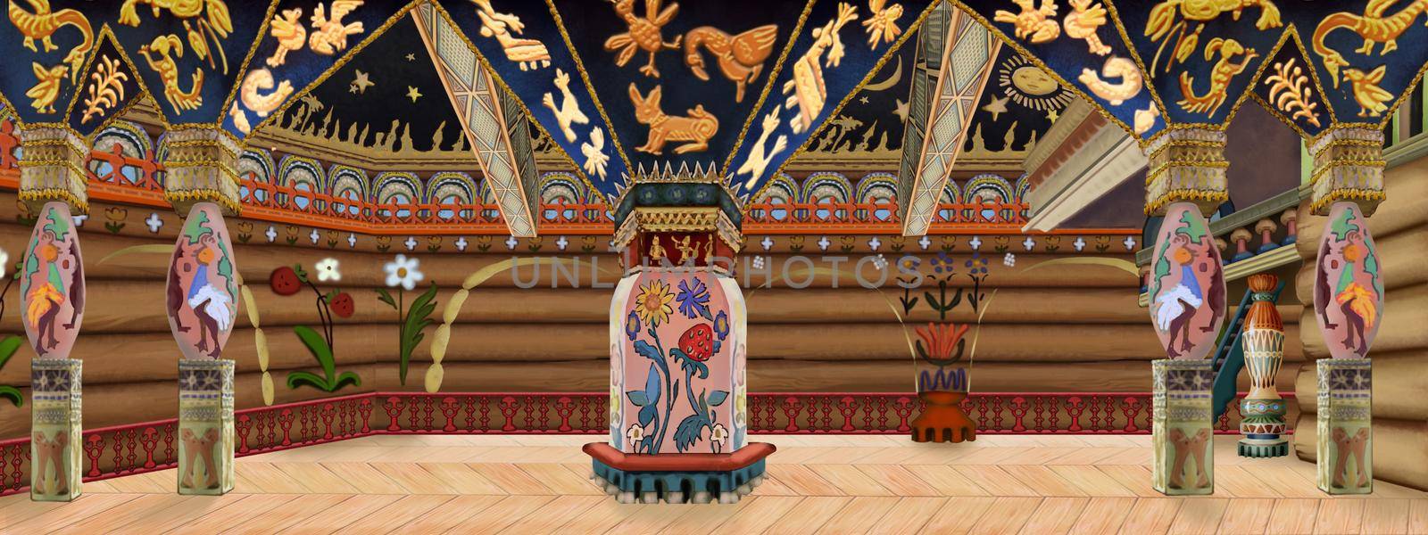Russian royal chambers decoration in the style of Vasnetsov. Digital Painting Background, Illustration.