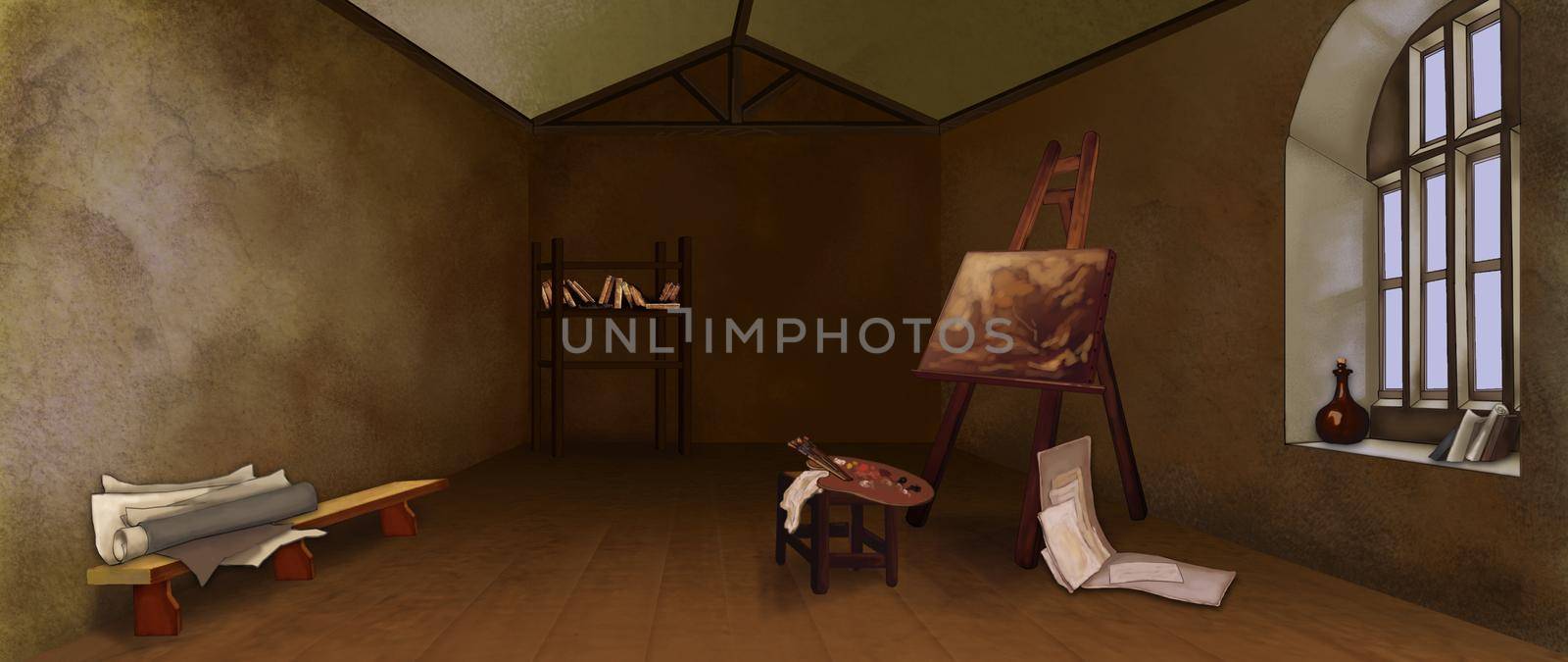 Workshop of a poor renaissance artist. Digital Painting Background, Illustration.