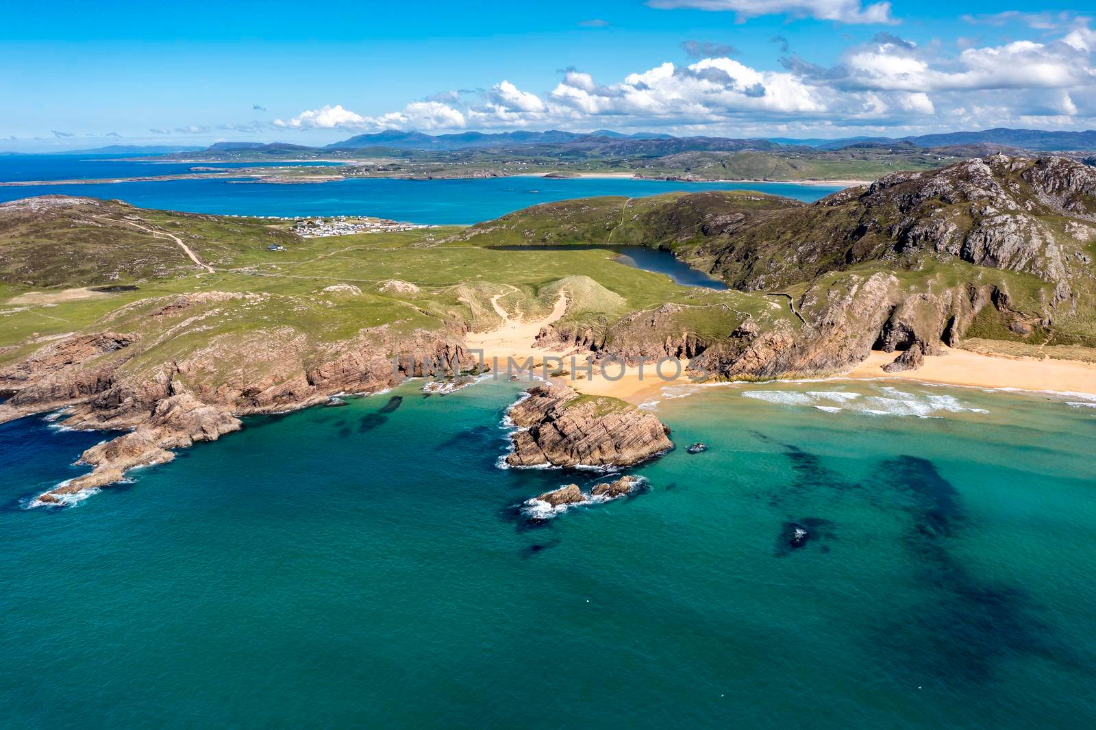 Aerial view of the Murder Hole beach, officially called Boyeghether Bay in County Donegal, Ireland.