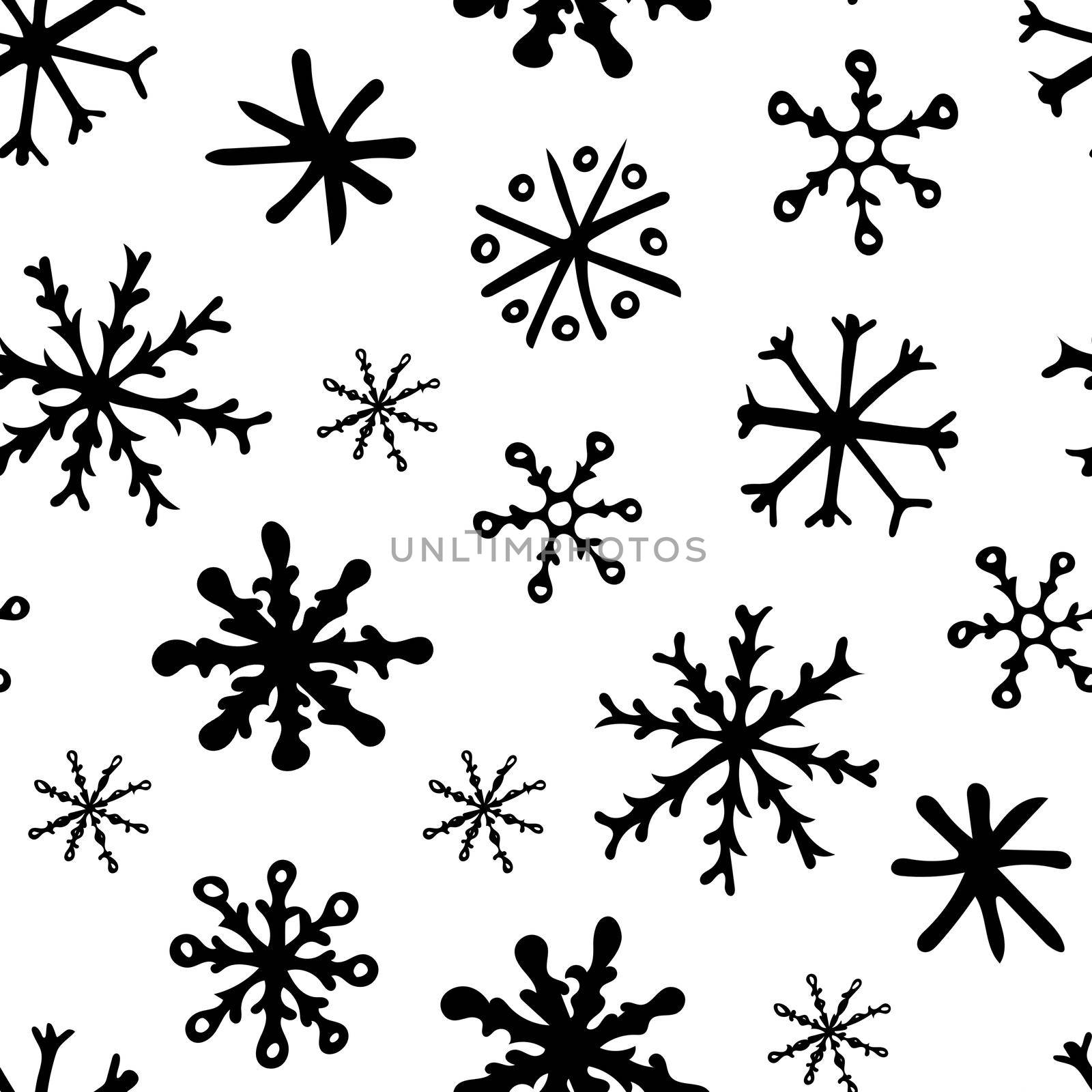 Seamless Pattern with Black Snowflakes on White Background. Abstract Hand-Drawn Doodle Snowflakes.