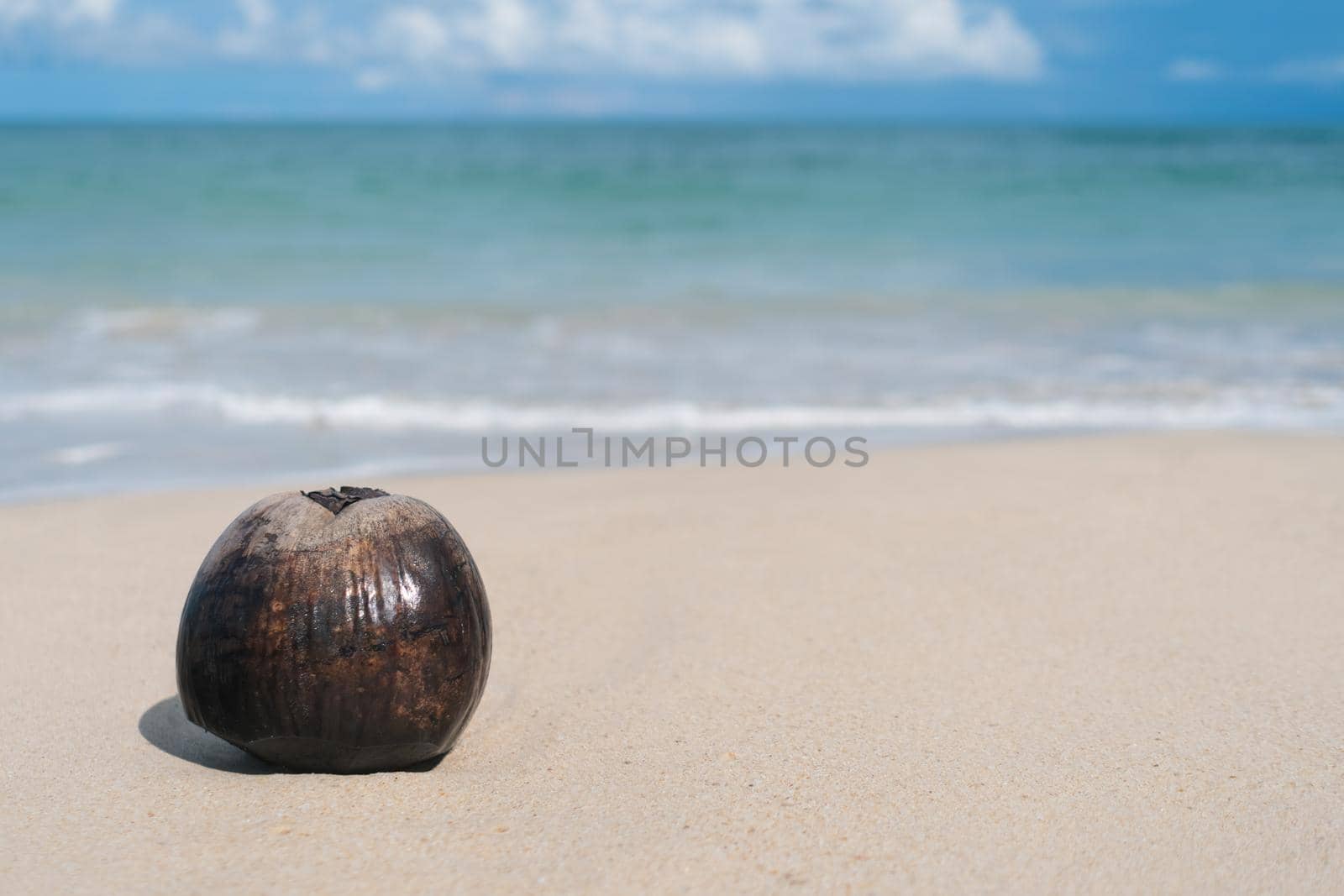 Tropical nature clean beach white sand and coconut in summer with sun light blue sky.