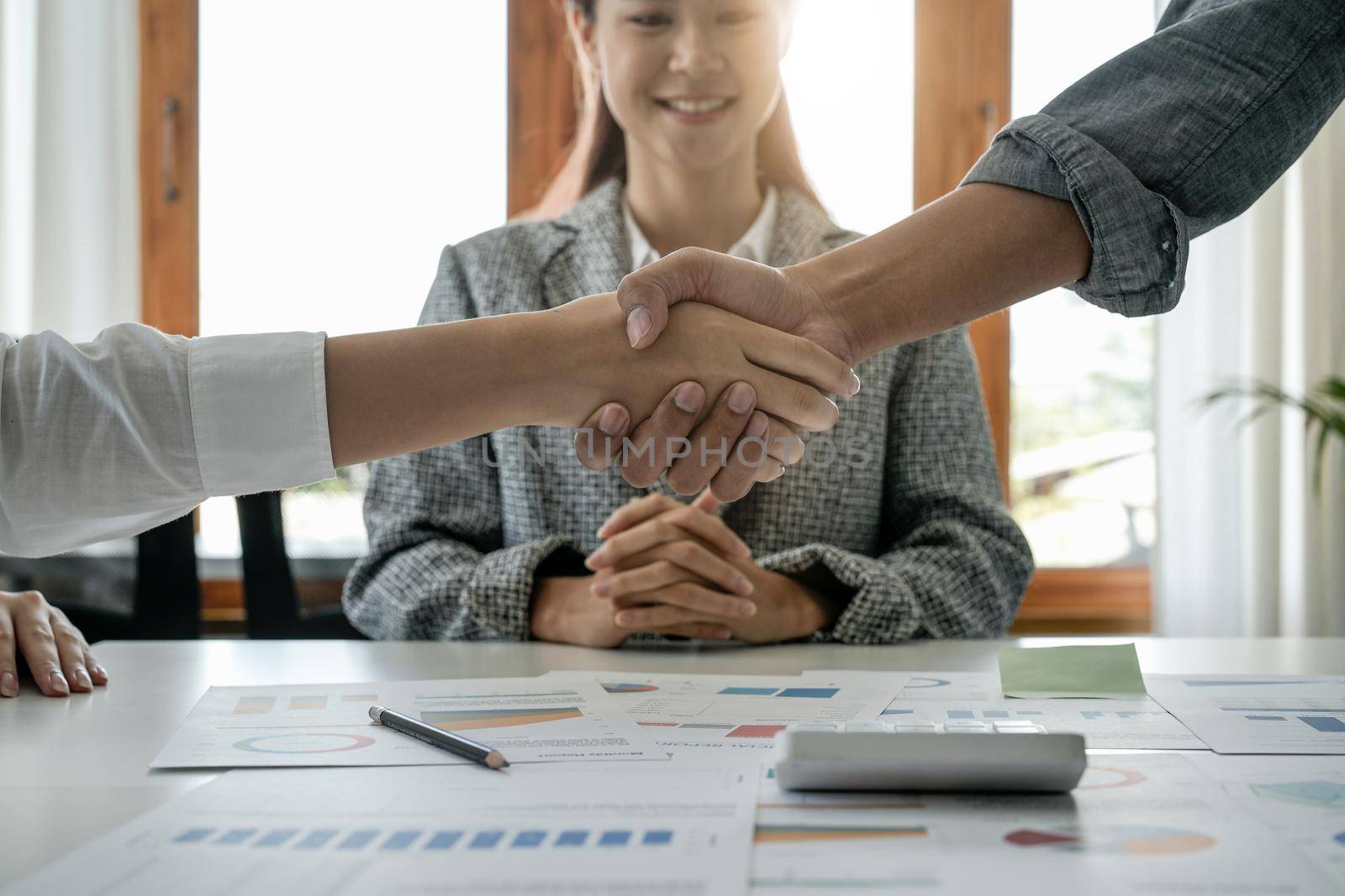 Close up of Business people shaking hands, finishing up meeting, business etiquette, congratulation, merger and acquisition concept by nateemee