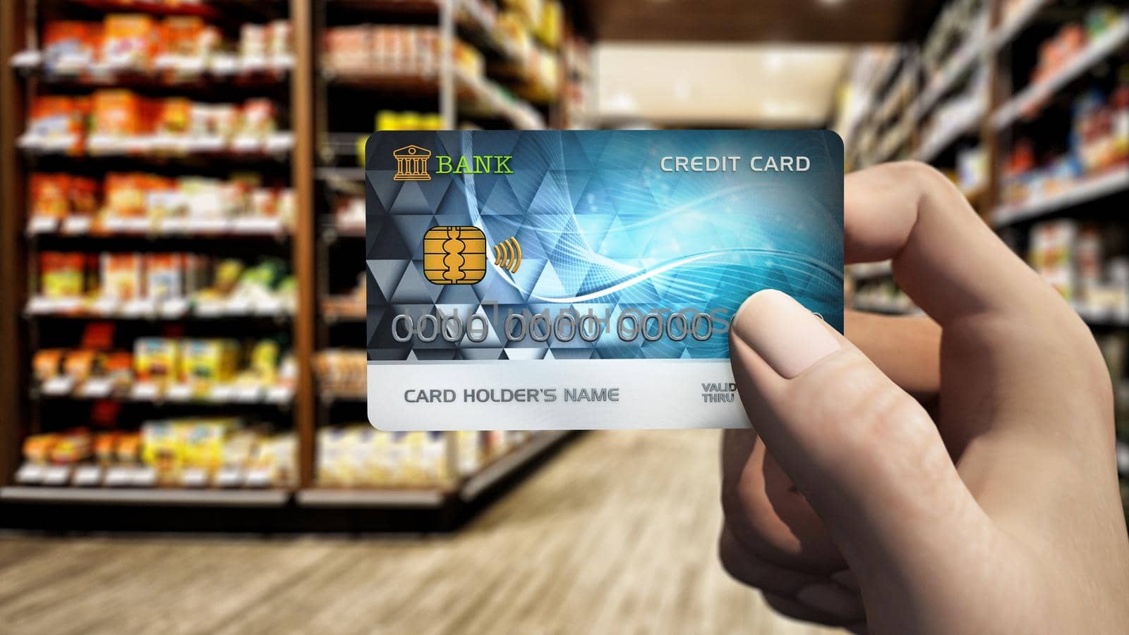 Generic credit card in hand. 3D illustration by Simsek