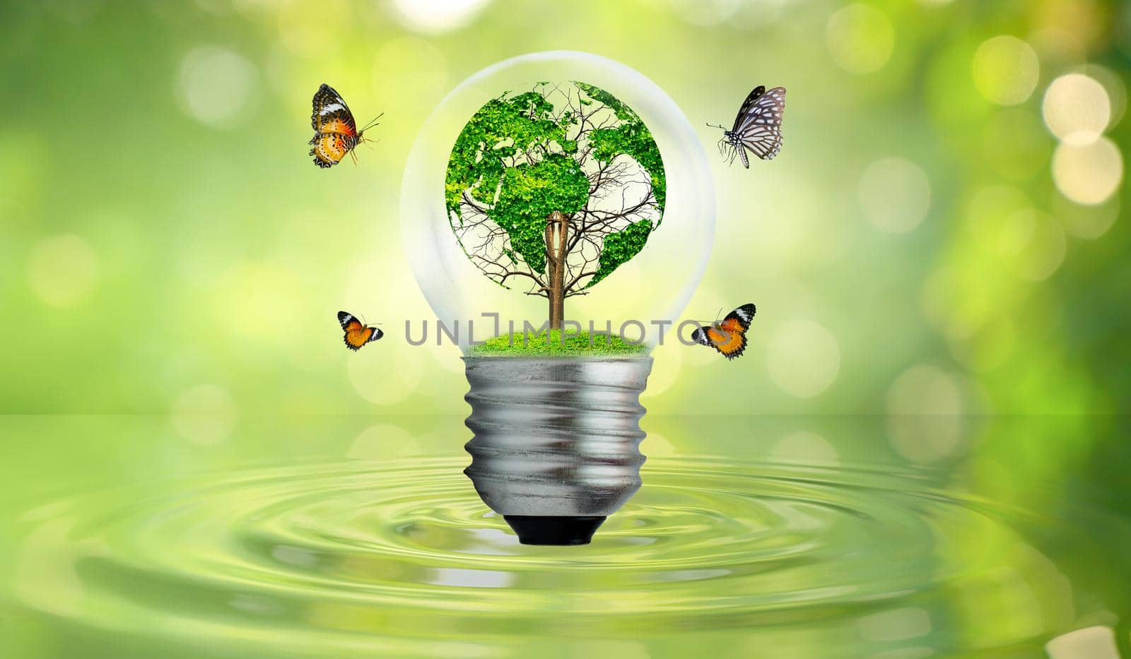 world shaped tree in light bulb concept of environmental conservation and protecting nature by sarayut_thaneerat