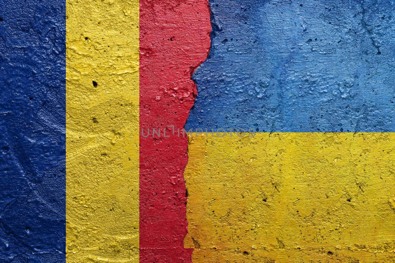 Bulgaria and Ukraine - Cracked concrete wall painted with a Bulgarian flag on the left and a Ukrainian flag on the right stock photo by adamr