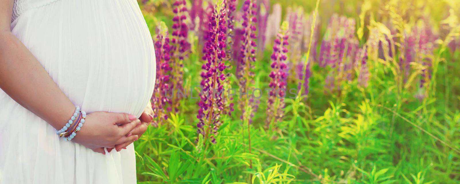 Pregnant woman in a lupine field. Selective focus. nature.