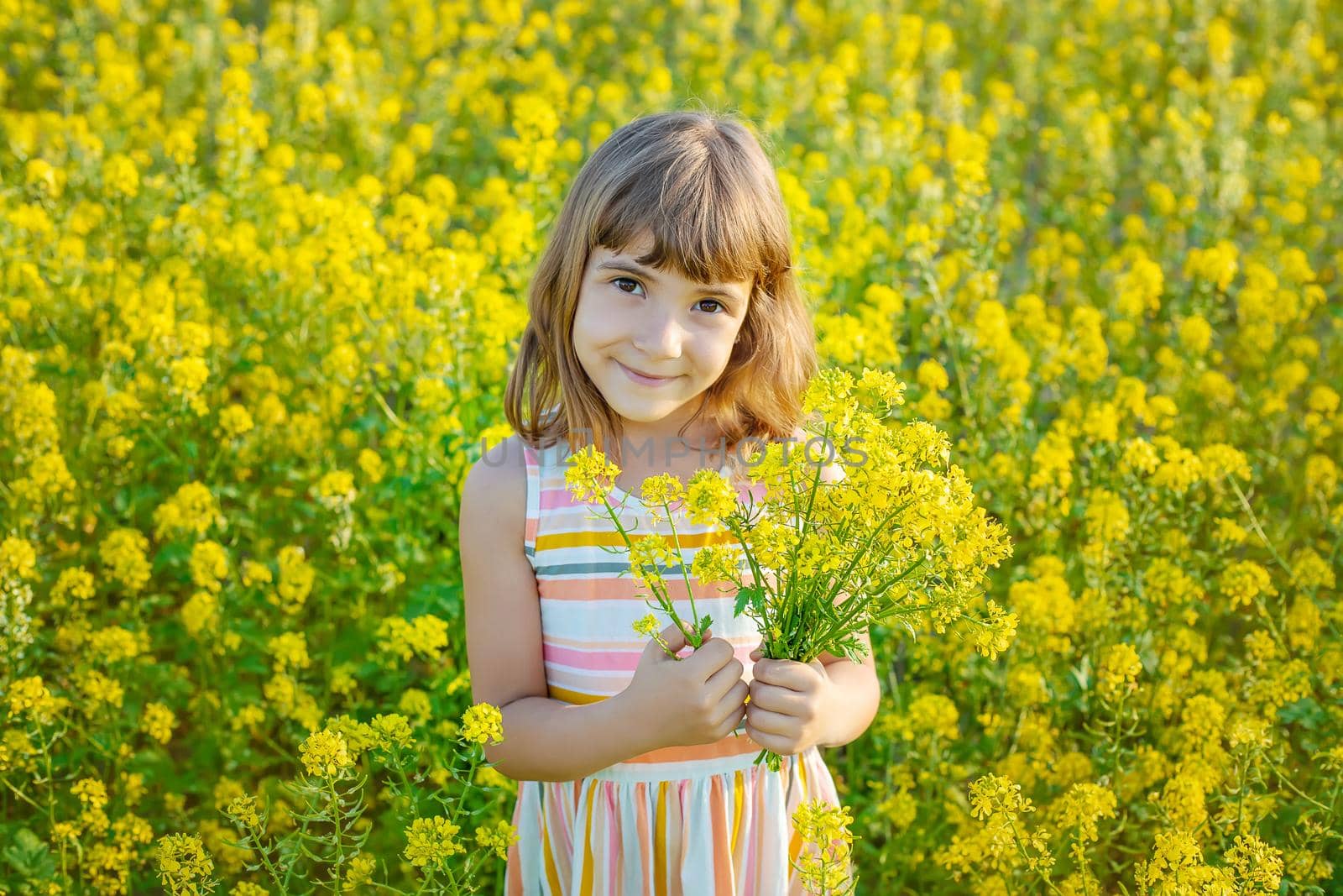 A child in a yellow field, mustard blooms. Selective focus..