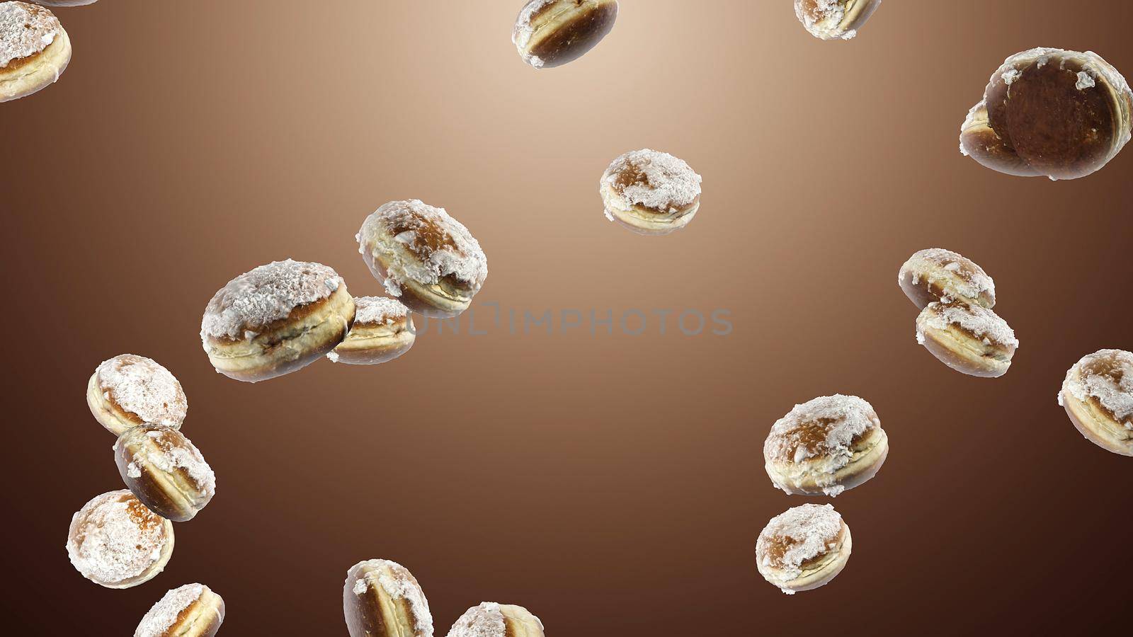 Falling many sweet donuts on brown background by studiodav