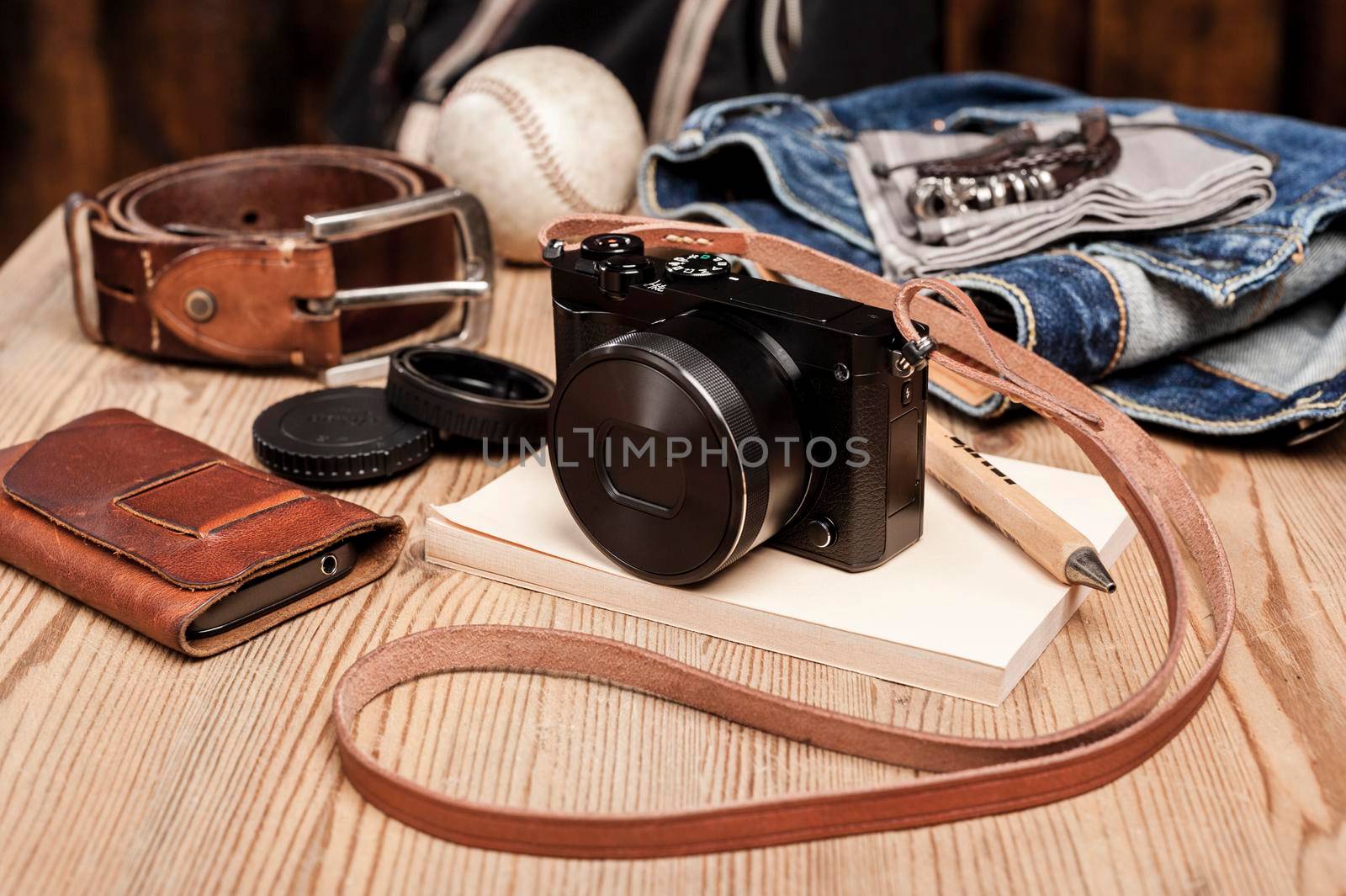 closeup vintage style of digital mirrorless camera with leather strap.