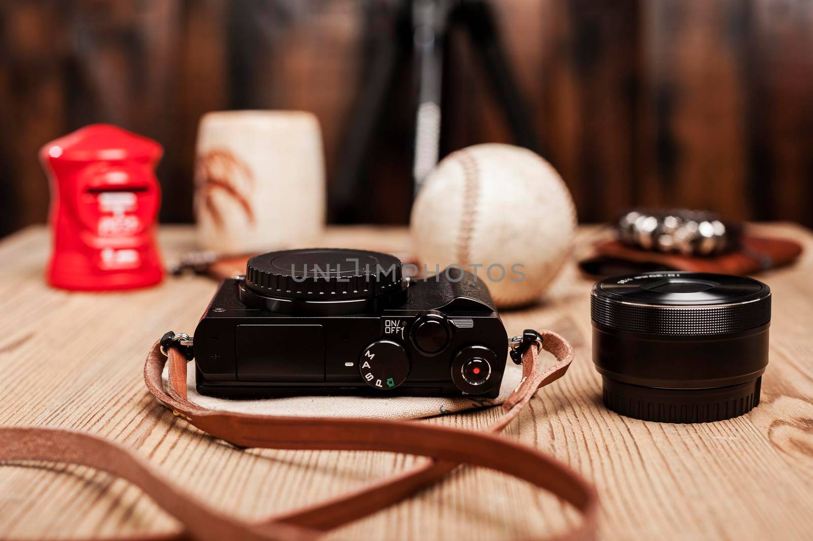 closeup vintage style of digital mirrorless camera with leather strap.