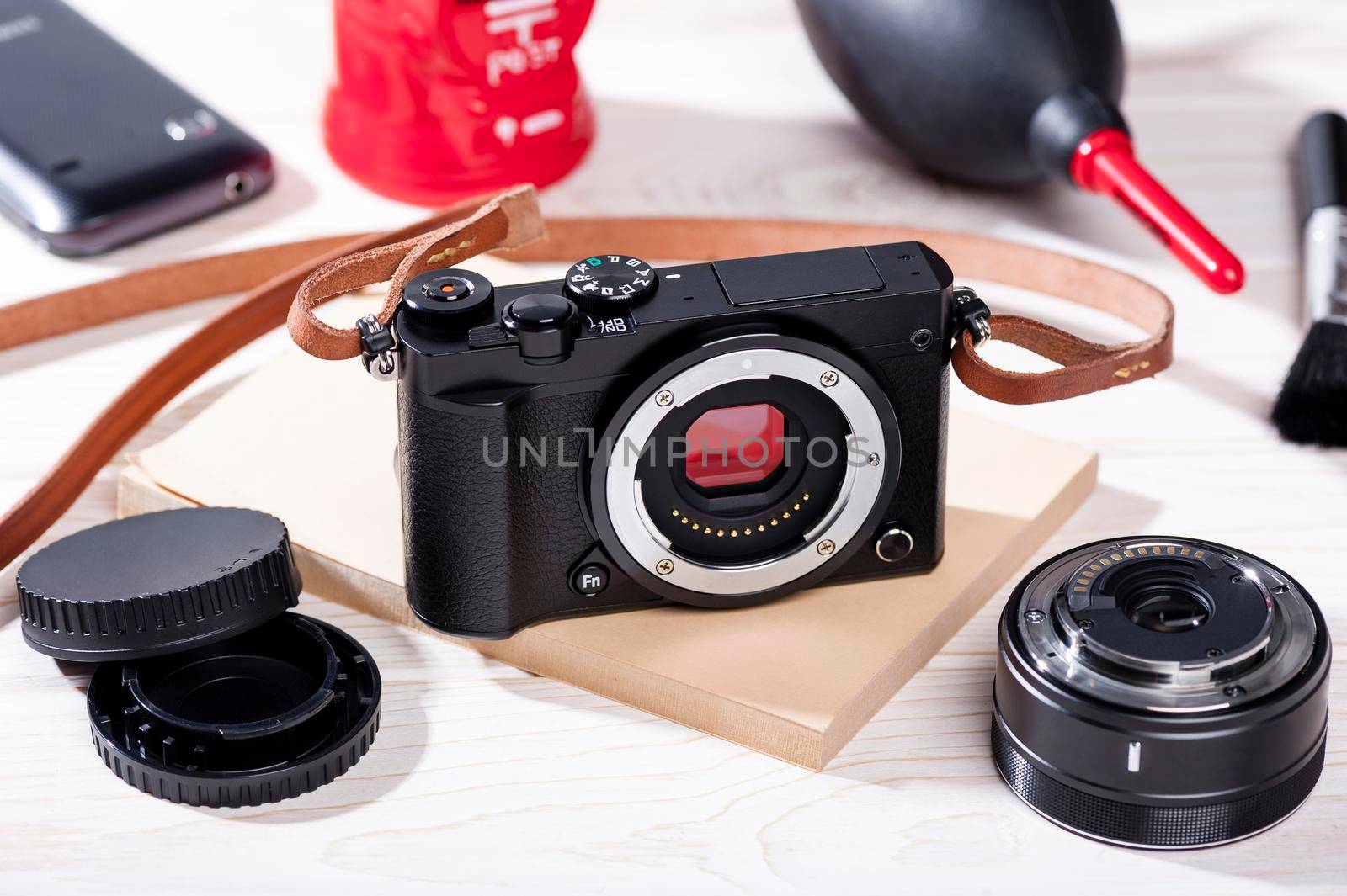 closeup vintage style of digital mirrorless camera with cleaning kits