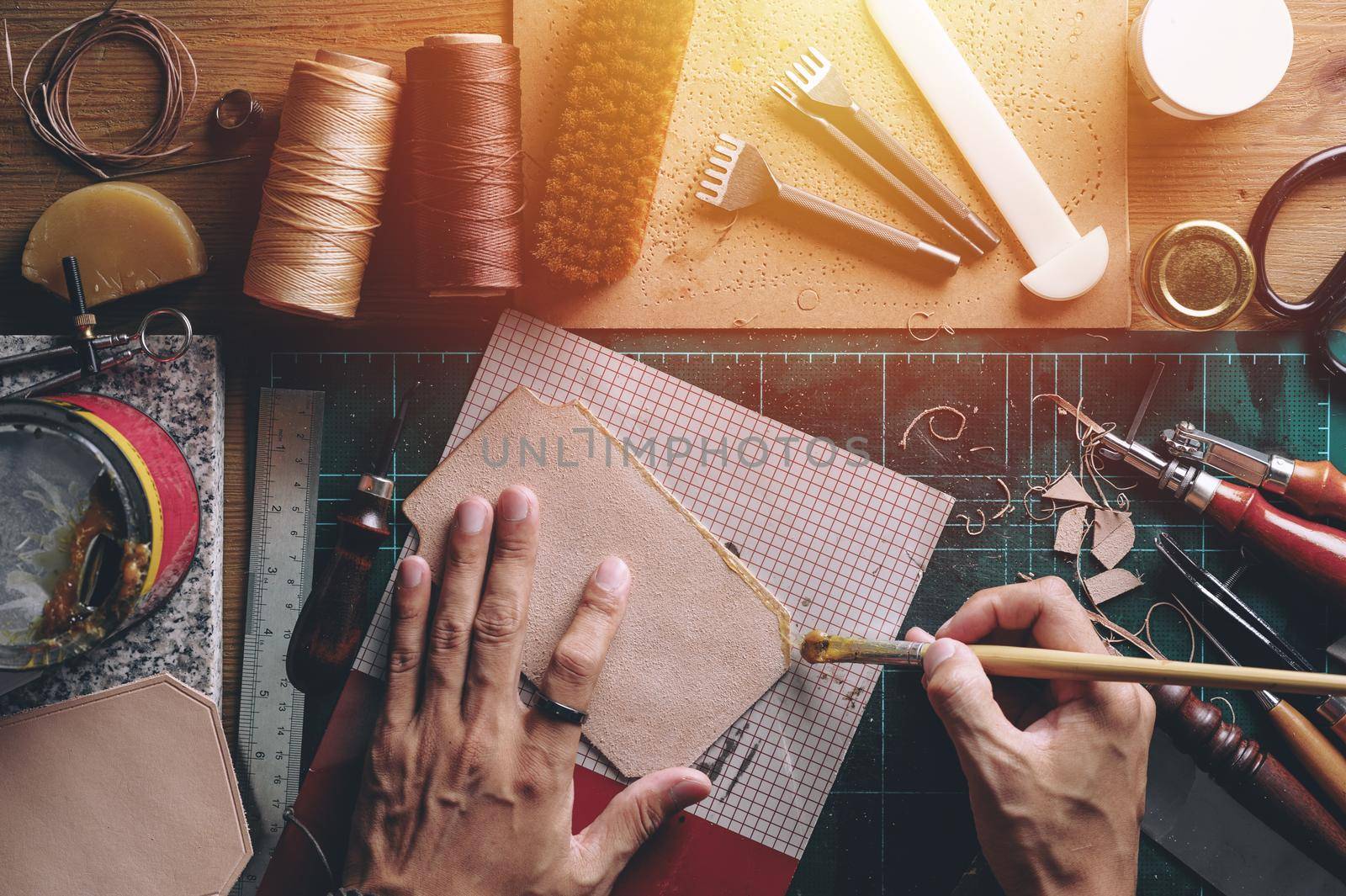 Working with vegetable tanned leather. Leather and the craft tools.