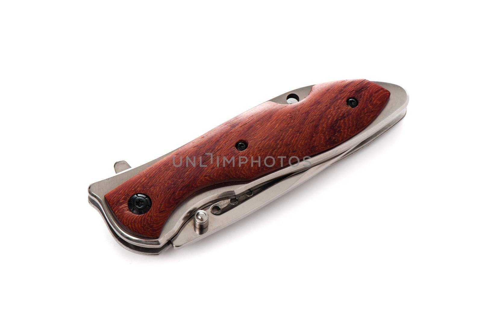 stainless steel folding knife with wooden handle isolated over white background