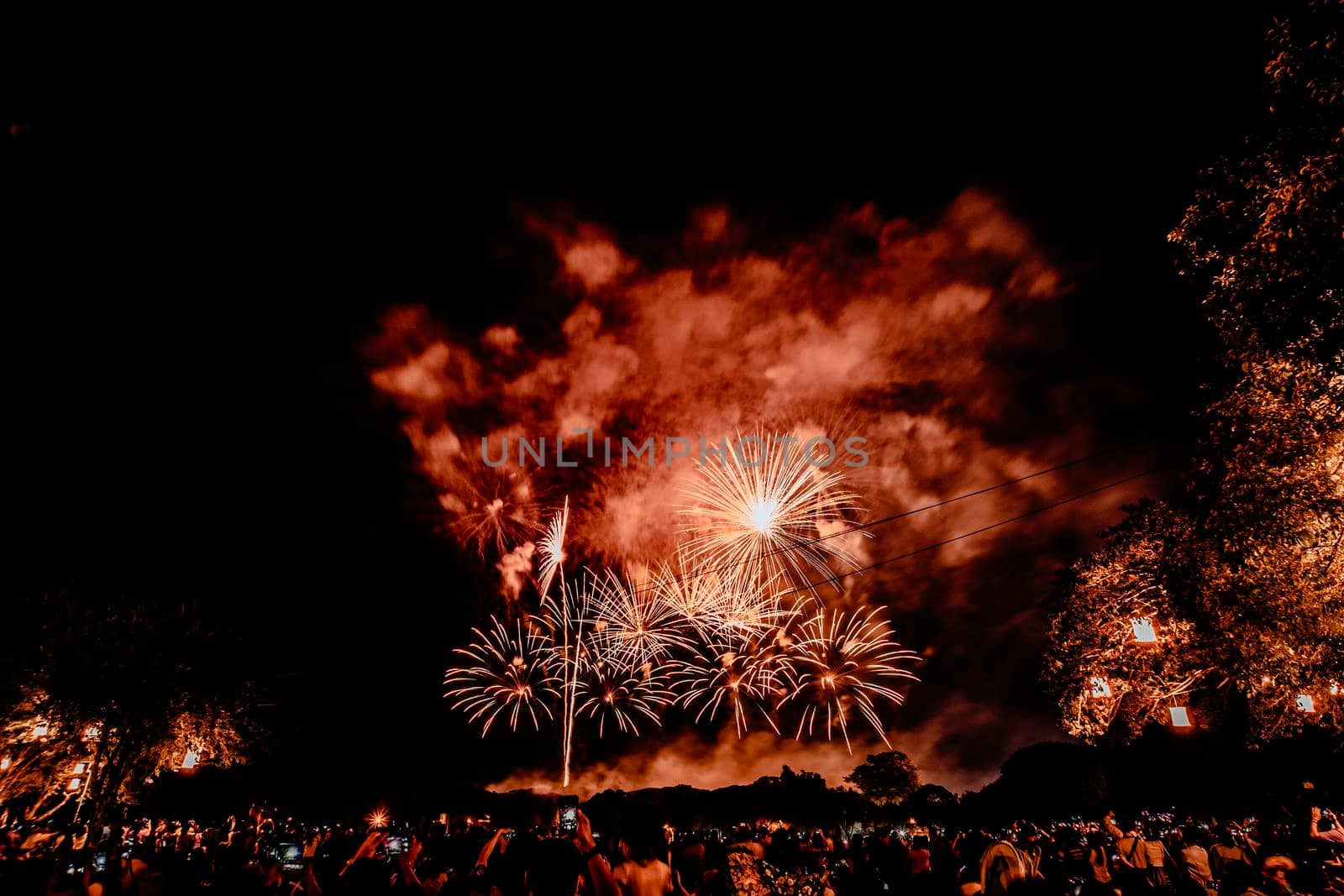 Group of people watching fireworks and using cellphones to record event. People capturing a fireworks shows with their mobile phone. Colorful fireworks celebration and the night sky background by Petrichor