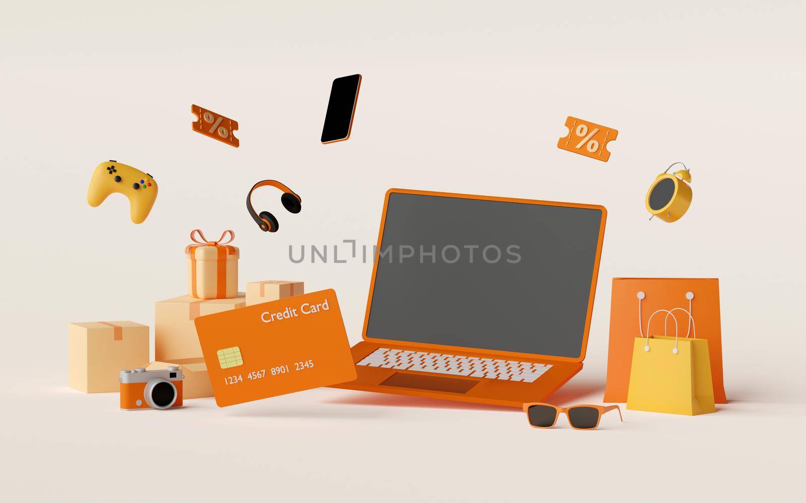 3d illustration of Shopping online with credit card concept, blank screen laptop with credit card, parcel box and items by nutzchotwarut