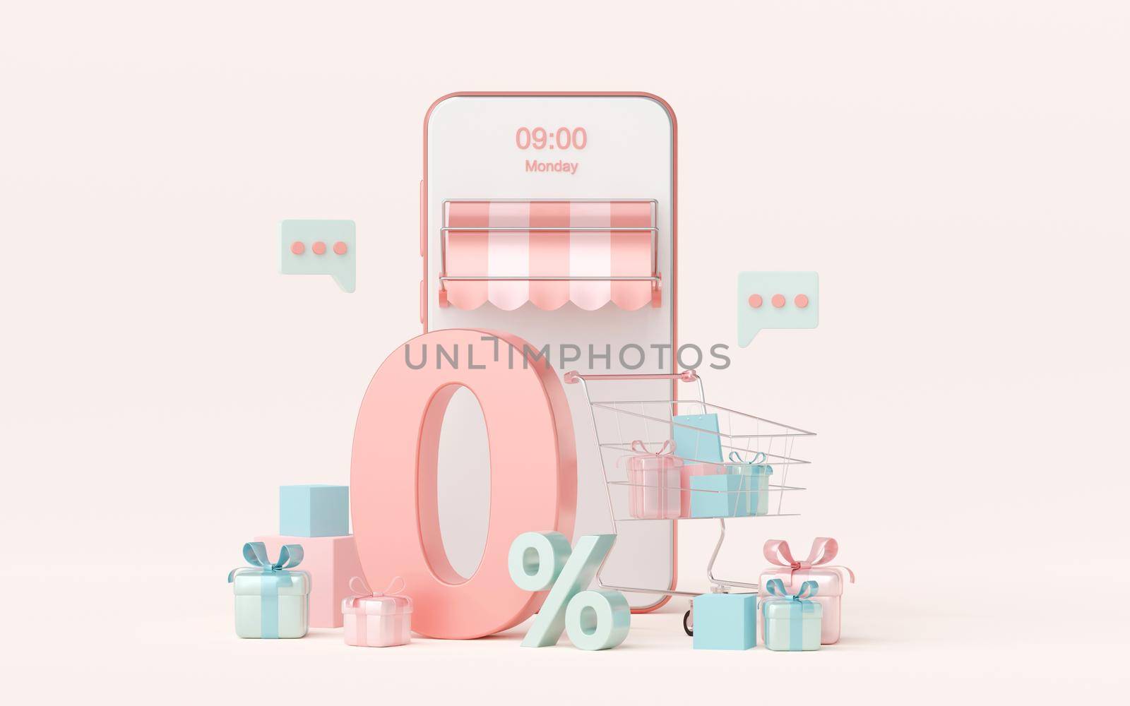 Shopping online using credit card with zero percent interest installment payments on smartphone, 3d illustration