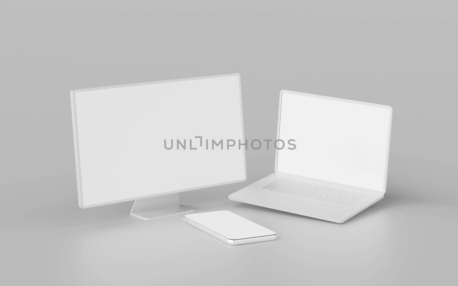 Minimalistic monitor, laptop and smartphone with blank screen mockup, 3d rendering by nutzchotwarut