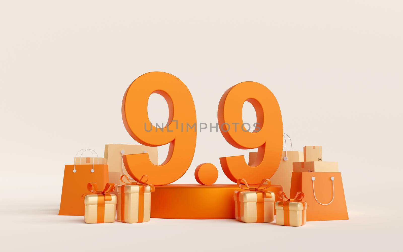 3d illustration of Promotion deal 9.9 podium with shopping bag and gift box by nutzchotwarut