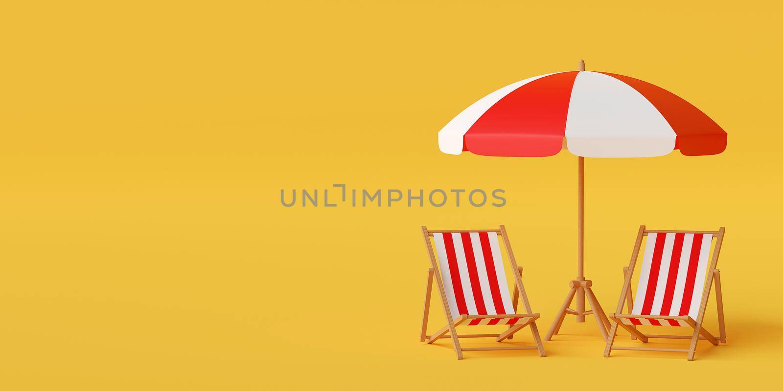Minimal summer vacation concept, Beach umbrella with chairs on yellow background, 3d illustration