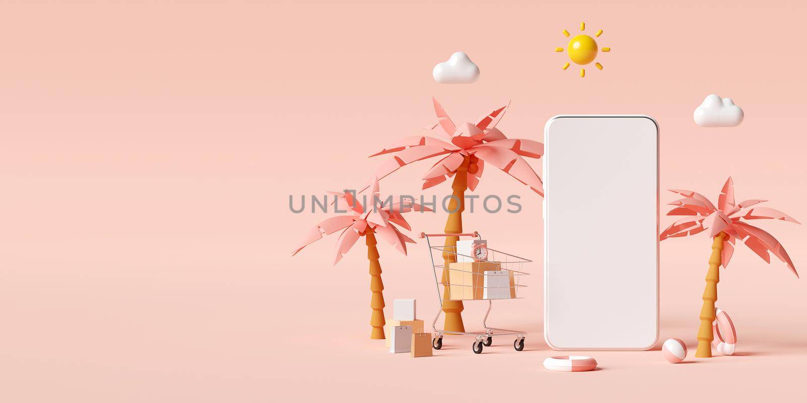 Summer sale concept, Banner of smartphone mockup with shopping cart and beach accessories, 3d illustration