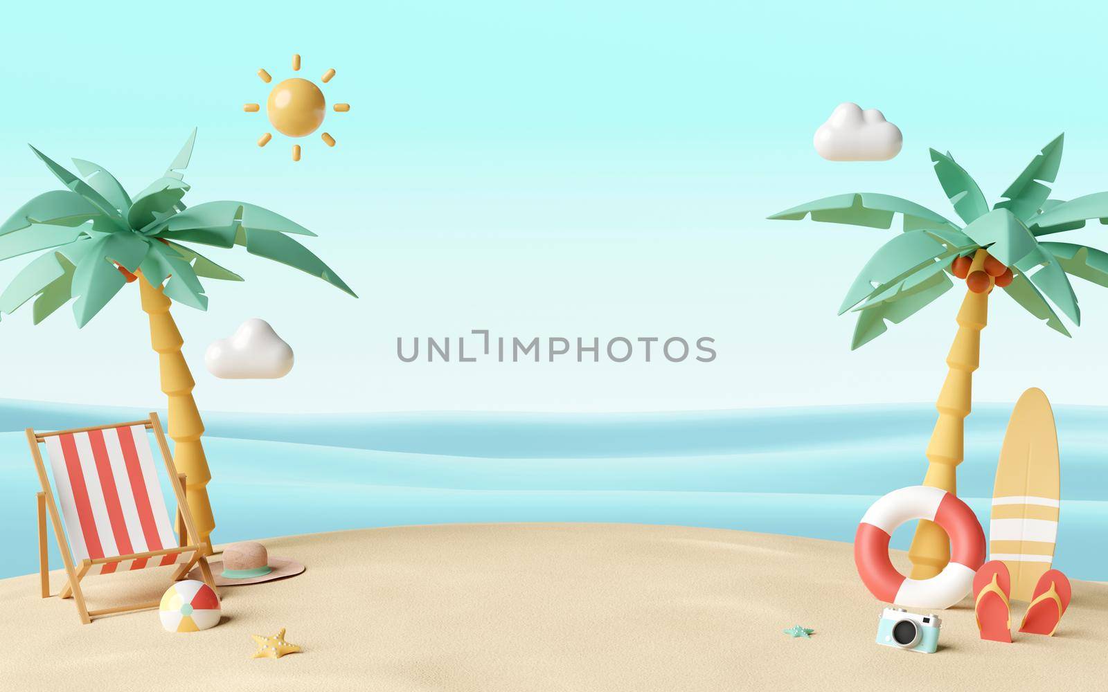 Summer vacation concept, Beach chairs and accessories under palm tree with copy space for product advertisement, 3d illustration by nutzchotwarut